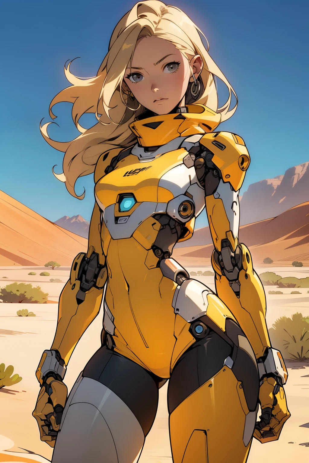 high quality, 4k, masterpiece, beautiful, cyborg girl, cowboy shot, dull eyes, front, looking at viewer, long blonde hair, girl, small breasts, fit thighs, robotic arms, robotic body, cyborg body, white & yellow uniform, orange accent, intricate detail, joint, detailed lines, robotic detail, holding fist up, holding hand up as fist, color robotic parts, robotic parts with color, perfect fingers, on a desert planet, sunny background, colorful desert, a river or a lake in the background, slender thighs, skinny thighs,