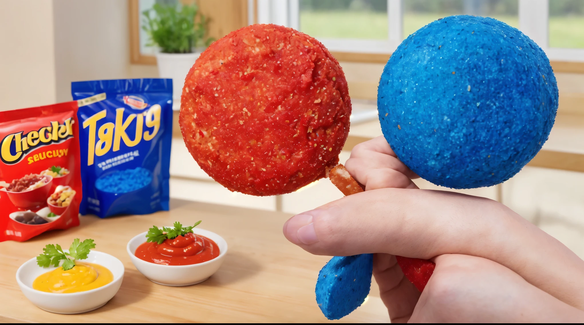 on a wooden table two packages of red and blue chips, there are two bowls with mustard and ketchup on the table, hands hold two chicken legs in red and blue breaded batter, red and blue bread crumbs, window and kitchen in the background, Beautiful light from the window , Bright lighting, realistic texture, realistic style, detailed texture, beautiful light source, macro photography, ultra 8k hd, high quality, a high resolution
