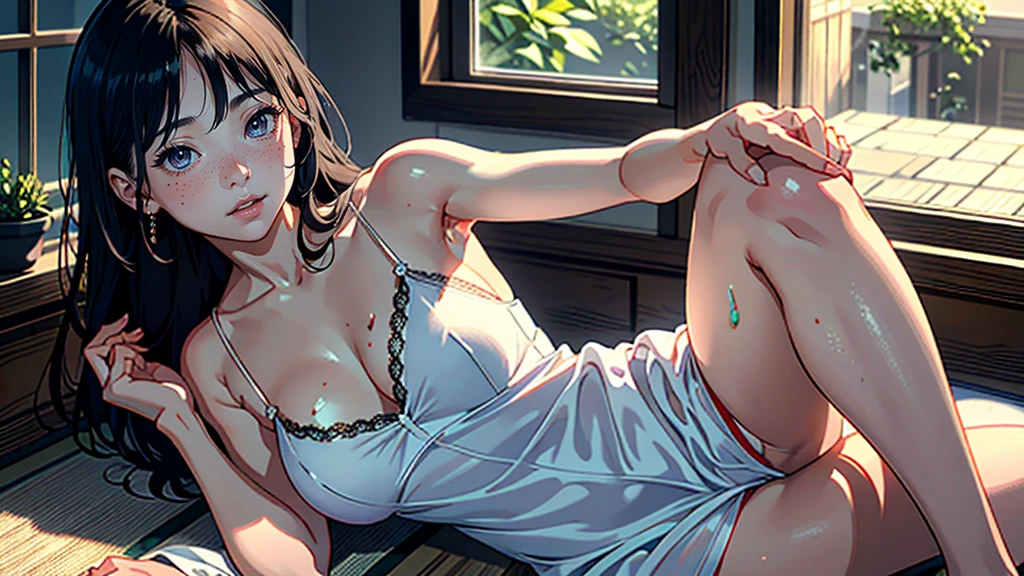 masterpiece, highest quality, (Highly detailed CG Unity 8k wallpaper), (highest quality), (Best illustrations), (Best Shadow), Confused, Realistic lighting, (abyss), Beautiful and delicate shine,Random Pause,((Silk camisole dress)),Cute freckles on the cheeks,Mole under left eye, Sunburn mark, Japanese Model, Young sensual gravure idol, yasumoto oka, A real young gravure idol, A woman who is shy when the camera is pointed at her,赤くなったSunburn mark,