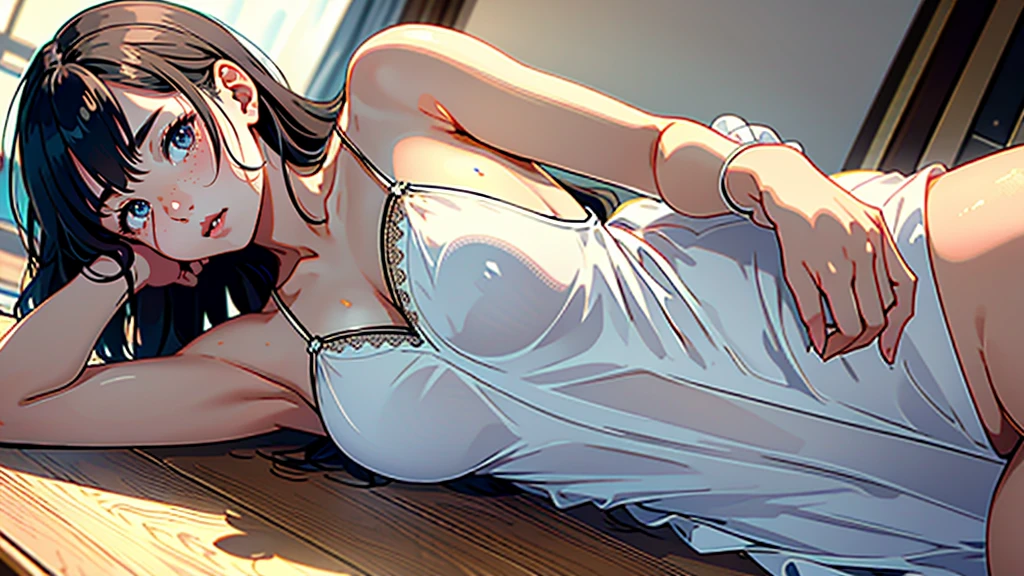 masterpiece, highest quality, (Highly detailed CG Unity 8k wallpaper), (highest quality), (Best illustrations), (Best Shadow), Confused, Realistic lighting, (abyss), Beautiful and delicate shine,Random Pause,((Silk camisole dress)),Cute freckles on the cheeks,Mole under left eye, Sunburn mark, Japanese Model, Young sensual gravure idol, yasumoto oka, A real young gravure idol, A woman who is shy when the camera is pointed at her,赤くなったSunburn mark,