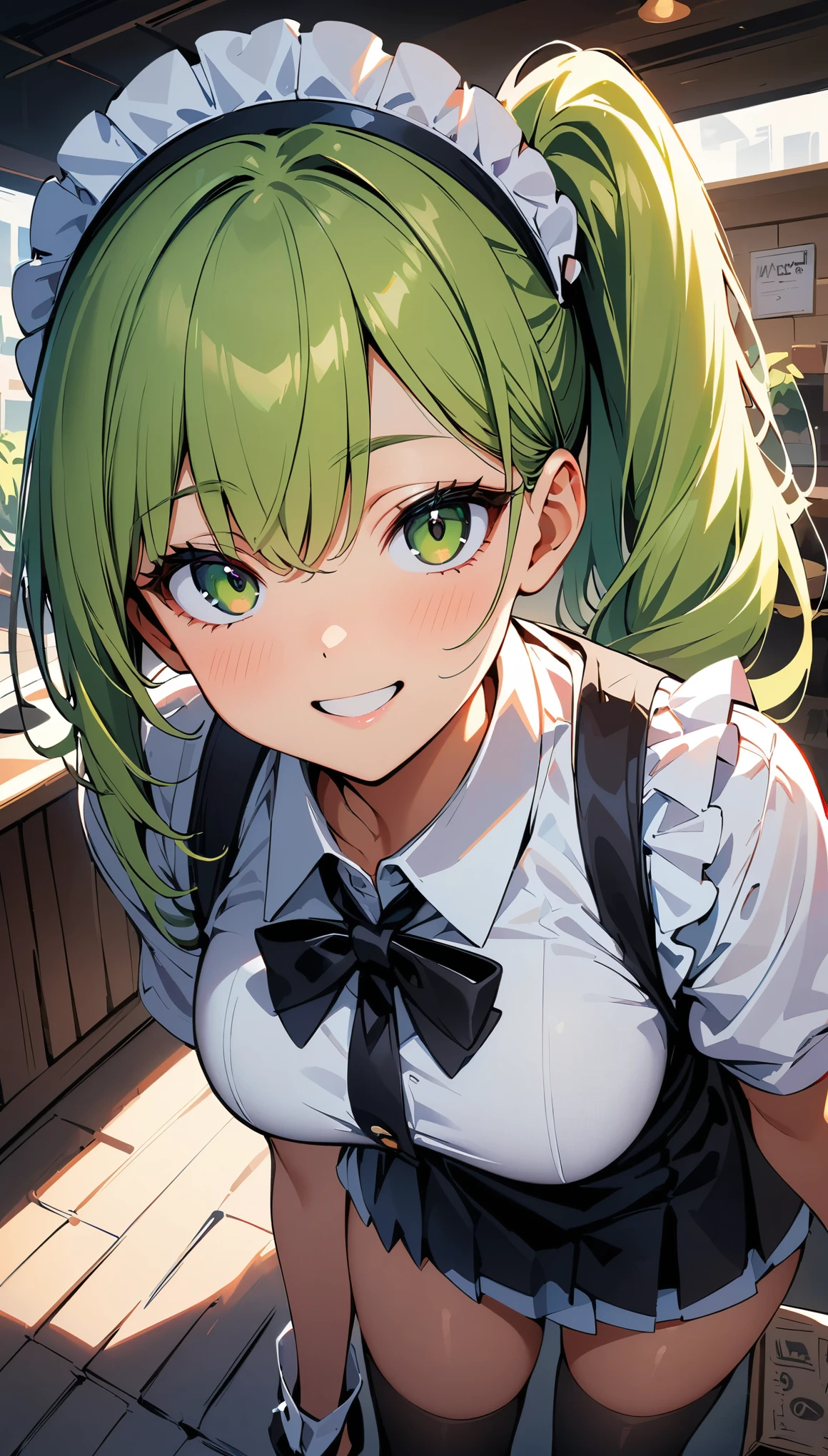 (high quality, 8k, 4K, High Contrast, masterpiece:1.2, 最high quality, Best aesthetics), Beauty, Maid, Very detailed, Seductive and erotic girl with lace headdress, smile, (green hair, Side Ponytail), Focus on the face, Focus on the face, Complex eyes, Black knee-high socks, coffee shop, Low angle shot, Viewer looking up,