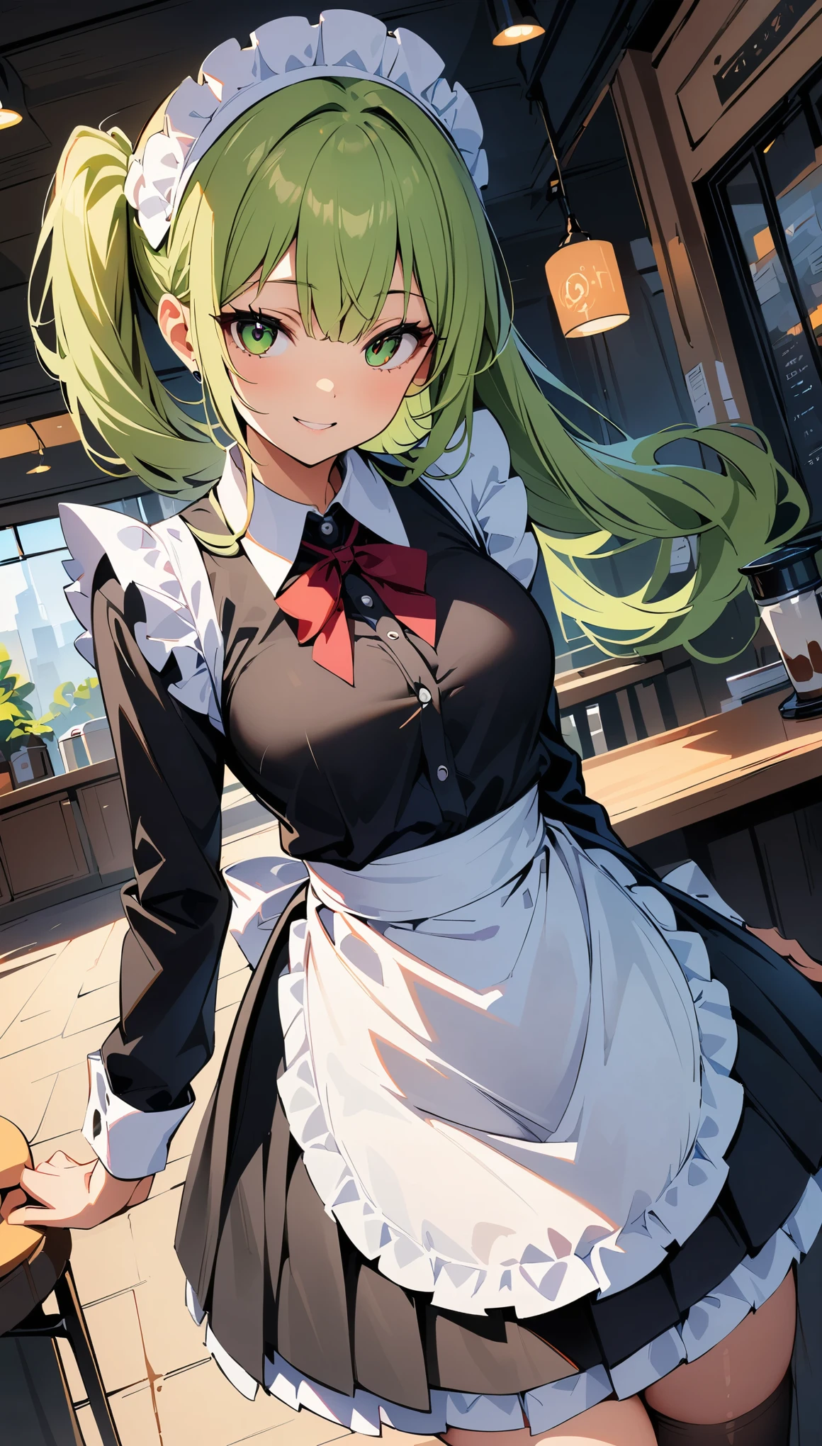 (high quality, 8k, 4K, High Contrast, masterpiece:1.2, 最high quality, Best aesthetics), Beauty, Maid, Very detailed, Seductive and erotic girl with lace headdress, smile, (green hair, Side Ponytail), Focus on the face, Focus on the face, Complex eyes, Black knee-high socks, coffee shop, Low angle shot, Viewer looking up,