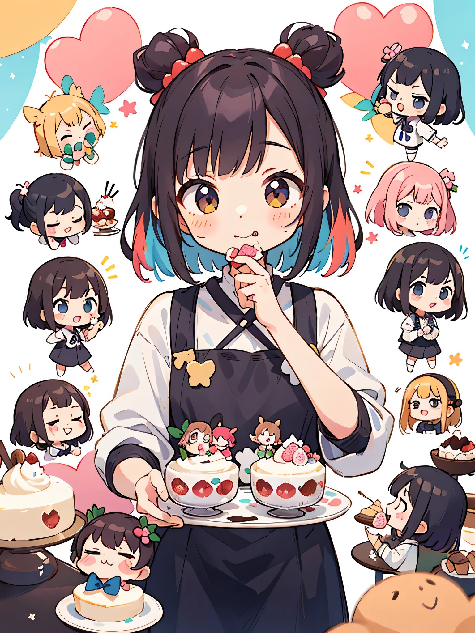 Momoko Sakura style, Kawaii Design, (((10 people)))、most beautiful girl ever、Chibi, Colorful bob hair、((Lots of friends))、(((Eat pudding together)))
