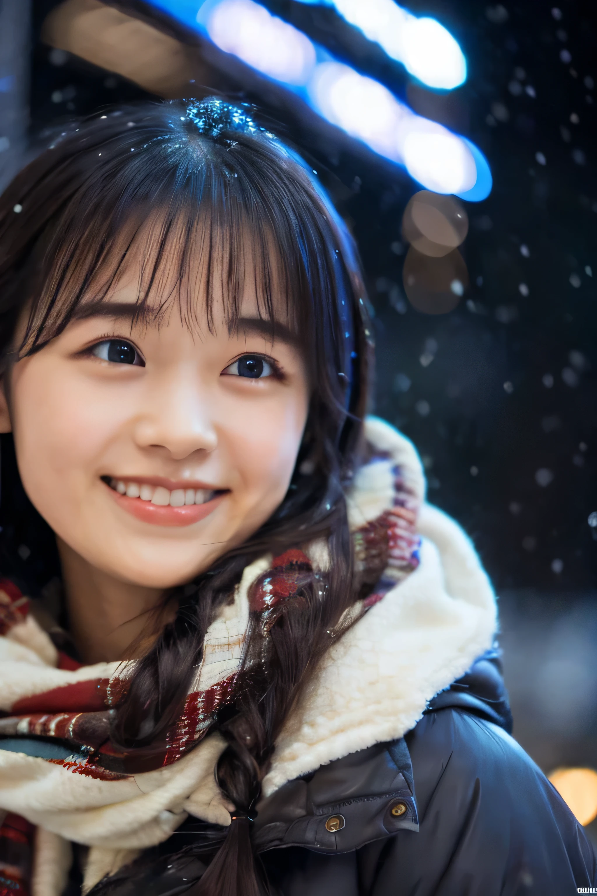 1 girl, (put on a coat:1.2), (RAW Photos, highest quality), (Realistic, Photorealistic:1.4), Tabletop, Very delicate and beautiful, Very detailed, 2k wallpaper, wonderful, finely, very detailed CG Unity 8k wallpaper, Very detailed, High resolution, Soft Light, Beautiful detailed girl, Very detailed目と顔, Beautiful and detailed nose, finely beautiful eyes, Cinema Lighting, Illuminations that light up the city on a snowy night, Snow Scene, that&#39;it&#39;s snowing, snow fell in my hair, Perfect Anatomy, tense air, Straight Long Hair, Looking at the audience, smile, Hokkaido serial murders, Disappearing into the Sea of Okhotsk, Tracking、Fluffy scarf、