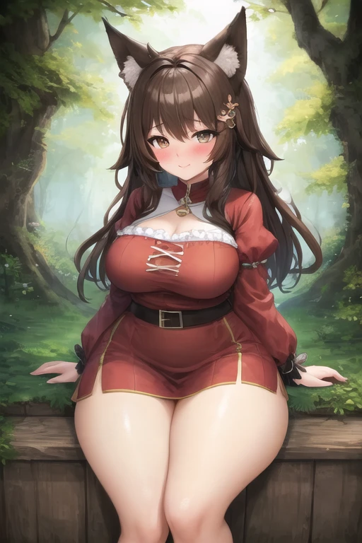 masterpiece, highest quality, soft lighting, confused, looking at the viewer, alone, smile, goggles on head, amber \(genshin impact\), brown eyes, brown hair, long hair, Red Hair Ribbon, leather gloves, Thighhighs, white boots, big breasts, whole body, Overgrown ruins, Mountain,(NSFW),(((nude))),(Kupaa),(spread your legs,she spreads her insides to show her uterus),((arms above head)).