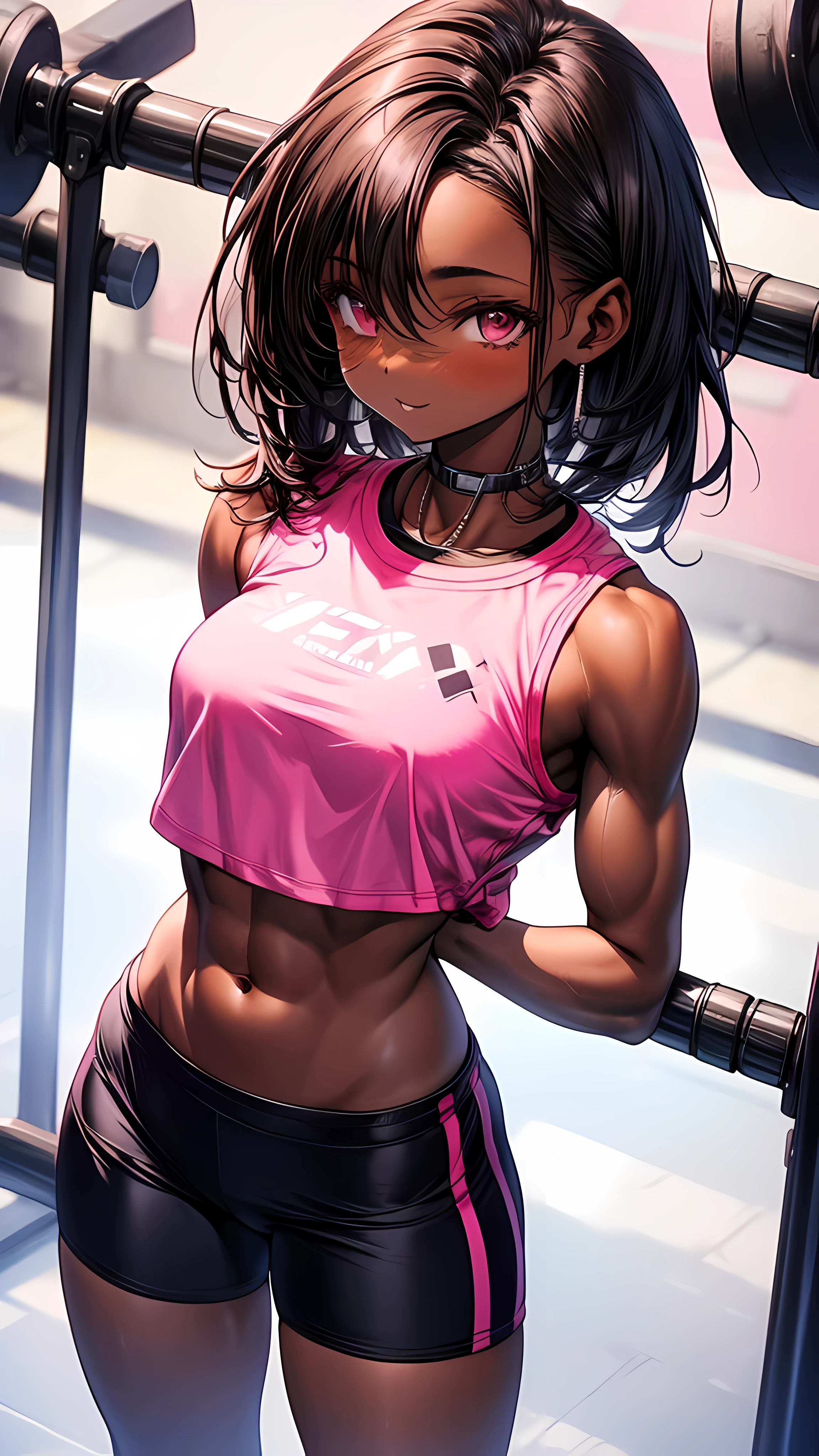 brown skinned girl. training gym. pink shorts. pink top. black hair. complete body. girl with a dark skin. muscle. athletic fisic. muscle fisic