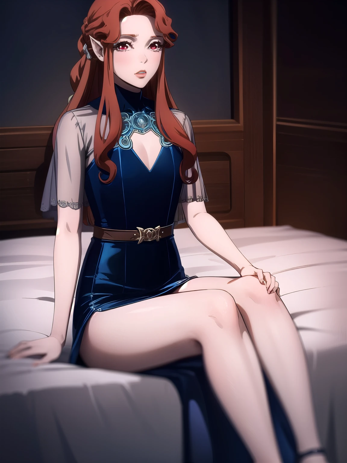 lenore, lenore, long hair, brown hair, braid, makeup, lipstick, red lips, (red eyes:1.5), pointy ears, vampire,
BREAK dress, jewelry, earrings, belt, see-through, blue dress,
BREAK looking at viewer, full body,
BREAK indoors, bed, sitting on edge of bed,
BREAK (masterpiece:1.2), best quality, high resolution, unity 8k wallpaper, (illustration:0.8), (beautiful detailed eyes:1.6), extremely detailed face, perfect lighting, extremely detailed CG, (perfect hands, perfect anatomy), solo 