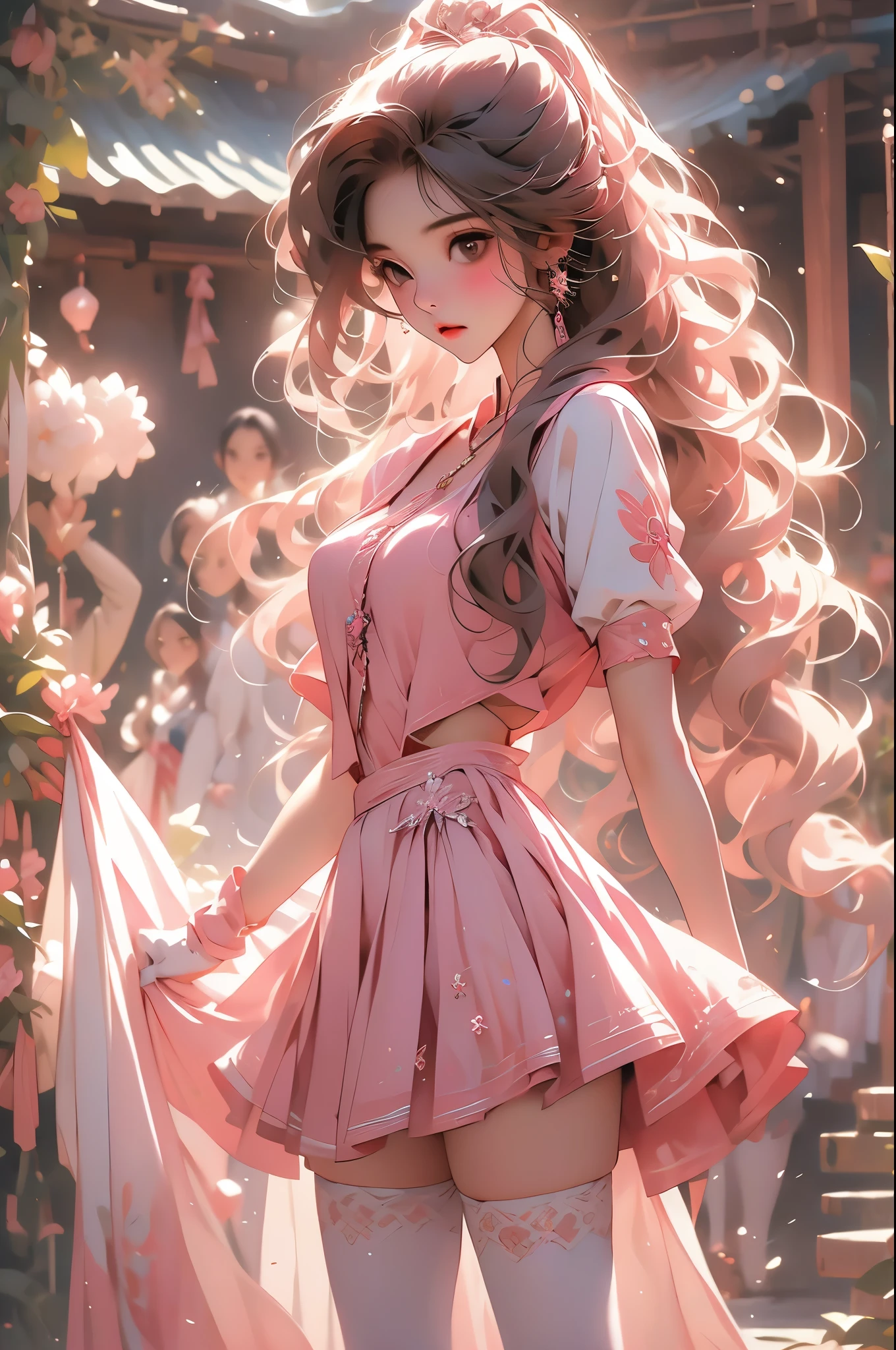 Masterpiece, Best quality, Realistic, Real, incredibly_absurderes, the wallpaper, 3girl, cheer leader, Long hair, Brown hair, Pink hair, Wavy hair, Small breasts, seifuku, school uniform, Shorts under the skirt, white thighhighs, Earrings, pendant, half gloves ,