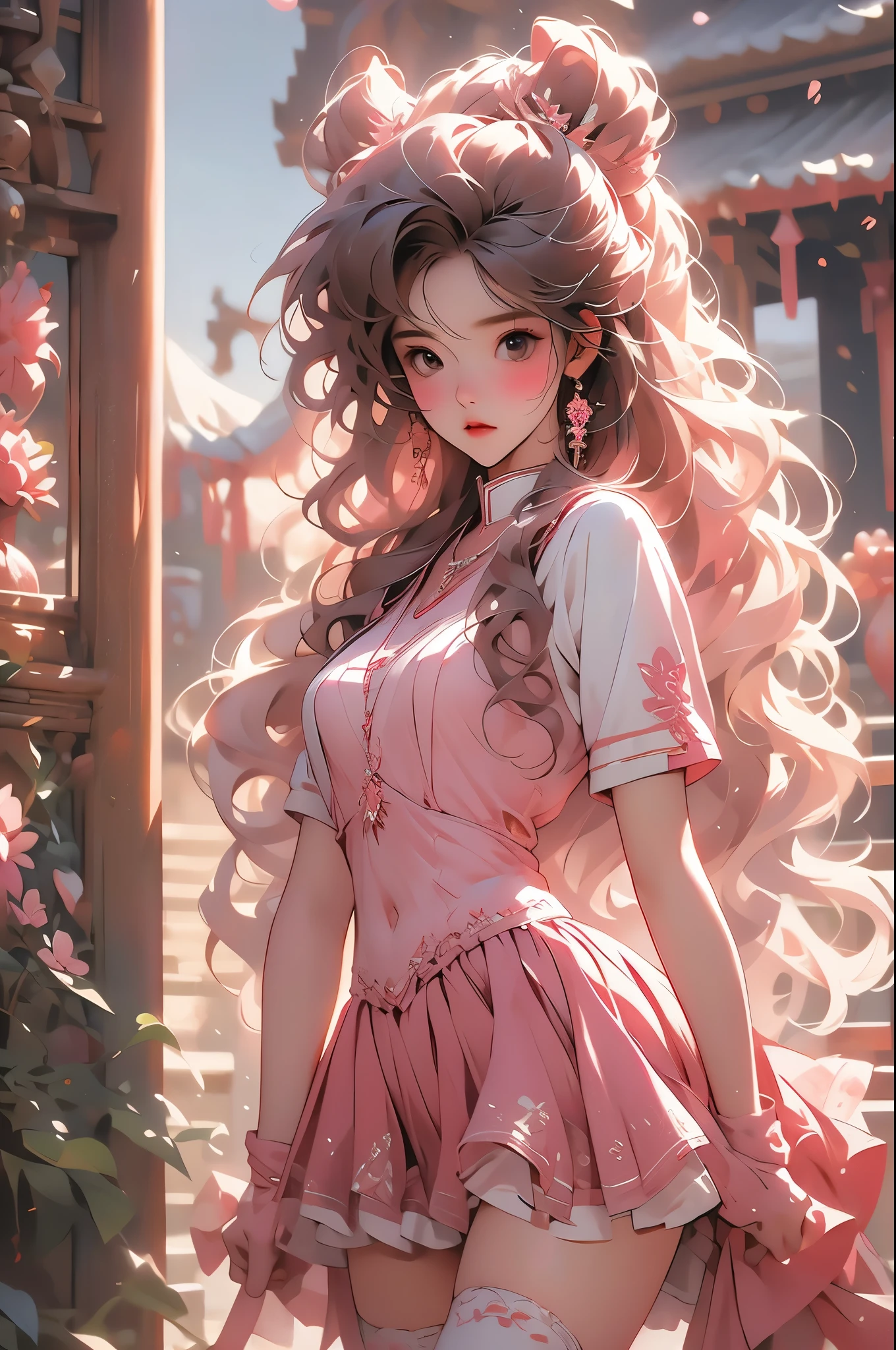 Masterpiece, Best quality, Realistic, Real, incredibly_absurderes, the wallpaper, 3girl, cheer leader, Long hair, Brown hair, Pink hair, Wavy hair, Small breasts, seifuku, school uniform, Shorts under the skirt, white thighhighs, Earrings, pendant, half gloves ,