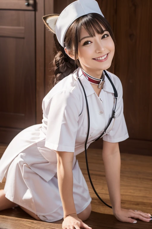 ((highest quality, 8k)), ((masterpiece)), (Get used to it), Perfect Face, Fox Woman, Beautiful woman, public, It has a tail, she has a fluffy tail, she has a fox tail, she wags her tail, smile, collar and leash, Get on all fours, She is wearing a nurse uniform, Beautiful Hips, Big tail
