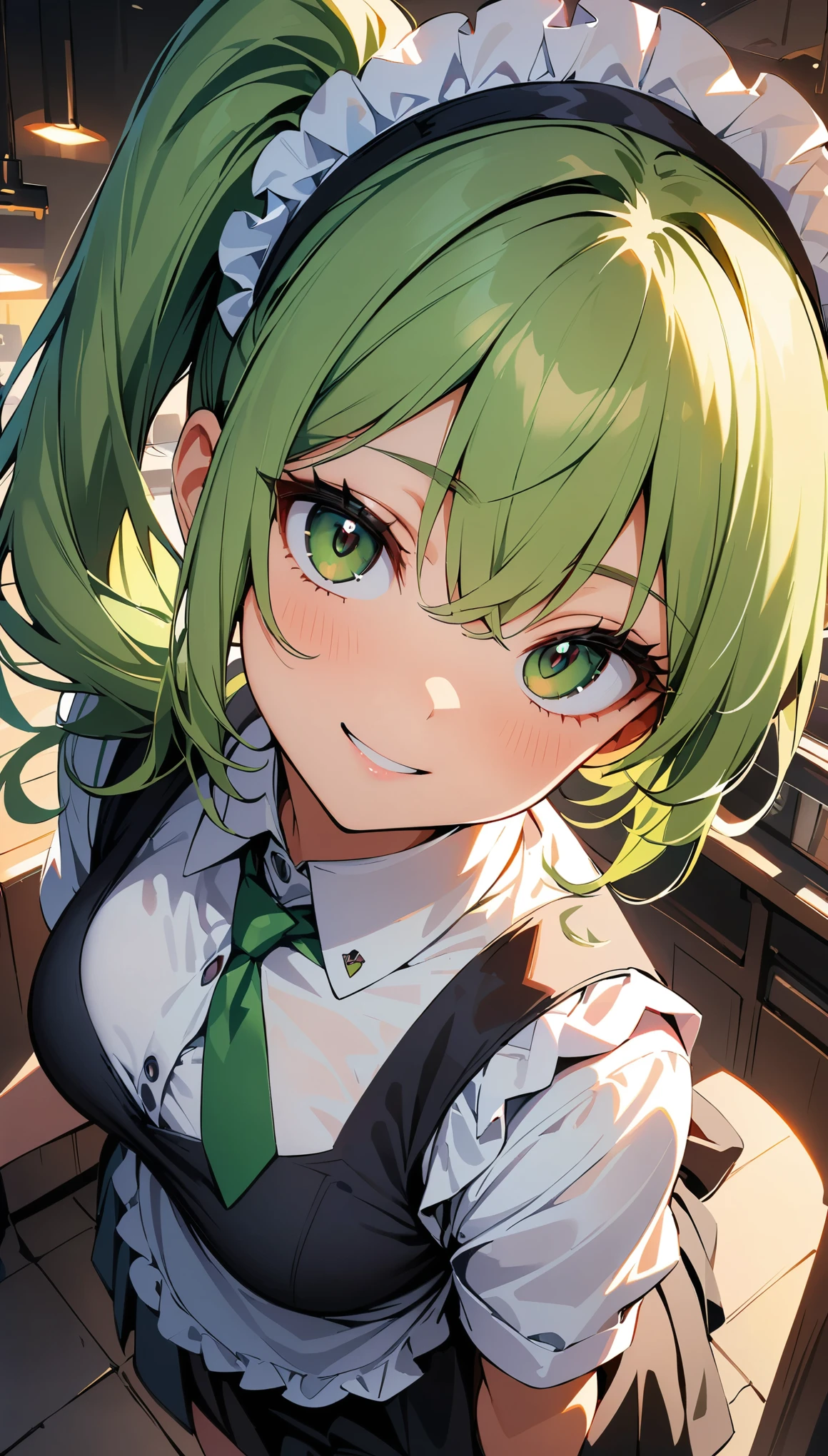 Anime girl with green hair and green eyes in a kitchen - SeaArt AI