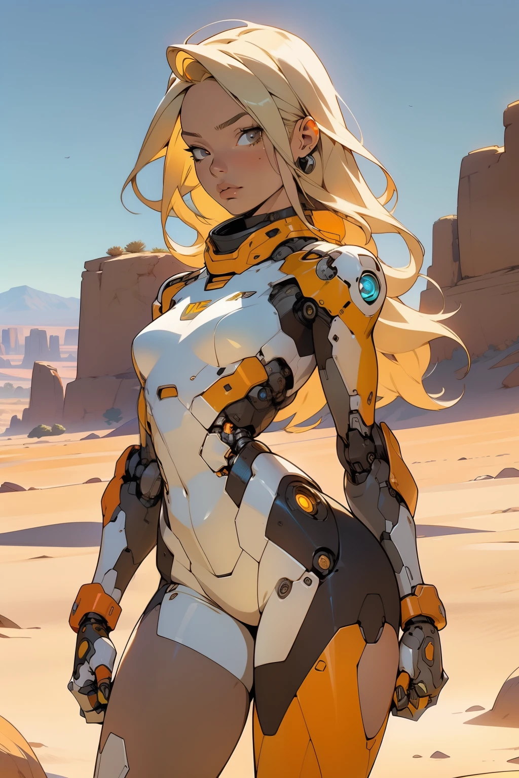 high quality, 4k, masterpiece, beautiful, cyborg girl, cowboy shot, dull eyes, front, looking at viewer, long blonde hair, girl, small breasts, fit thighs, robotic arms, robotic body, cyborg body, white & yellow uniform, orange accent, intricate detail, joint, detailed lines, robotic detail, holding fist up, holding hand up as fist, color robotic parts, robotic parts with color, perfect fingers, on a desert planet, sunny background, colorful desert, a river or a lake in the background, slender thighs, skinny thighs,