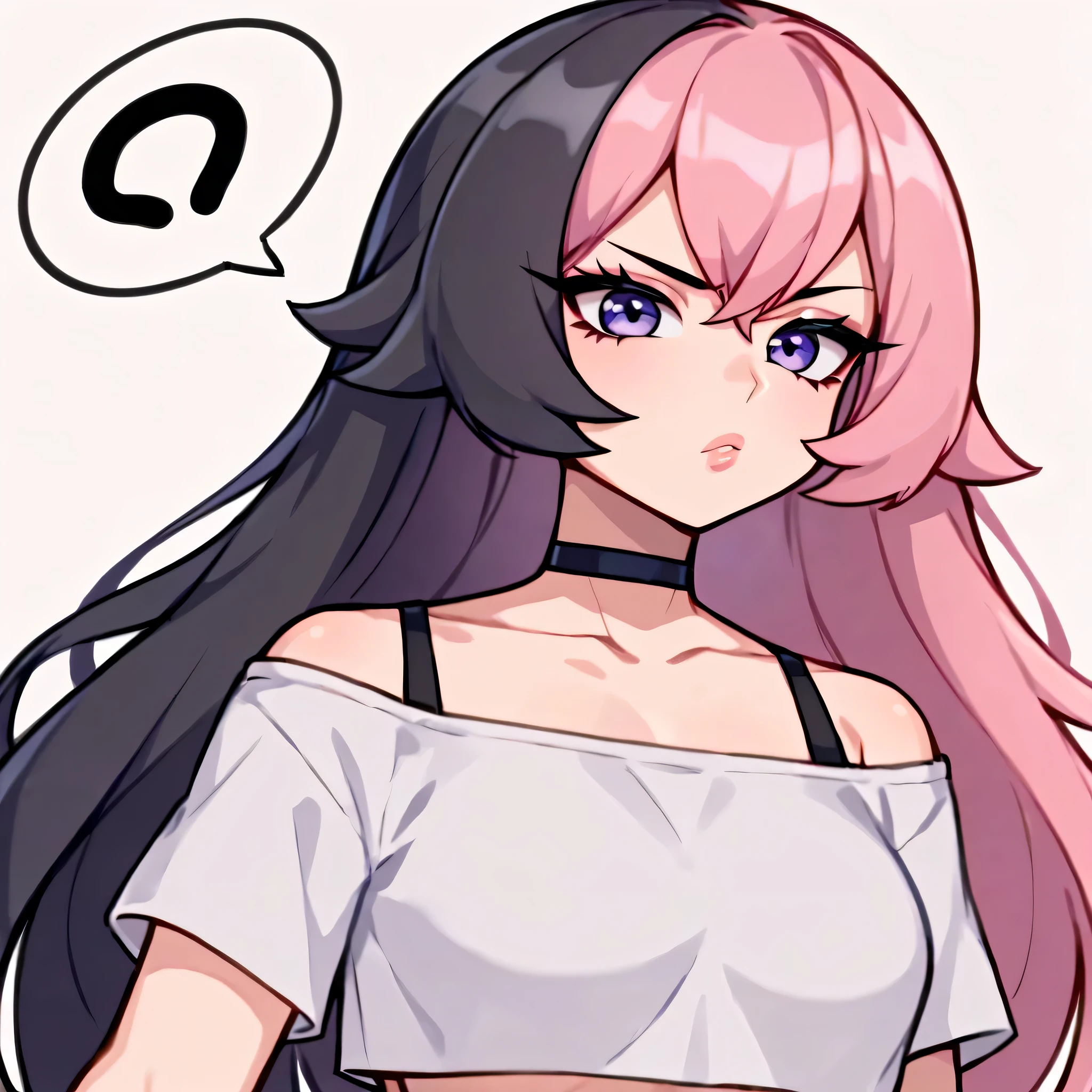 score_9, score_8_up, score_7_up, 1girl, (closeup), ((side eye)), ((annoyed)), anime waifu, waifu, ((portrait)), illustration, ((2d)), ((curvy)), ((twitch emote)), (((cute face))), ((long hair)), bangs, black pink hair, ((black and pink hair)), ((black hair)), gorgeous purple eyes, big eyes, anime eyes, eyeliner, long lashes, soft and full lips, choker, jewelry, crop top, (Jelly Art Style:0.2), ((anime style:0.8)), (((white background))), twitch emote,