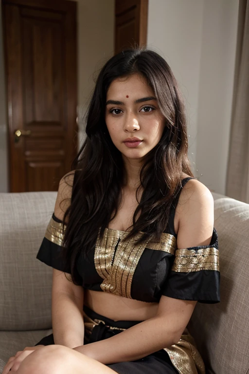 high Detail RAW color Photo, Full Shot, front angle, of ( curly long hair, wearing Indian Necklace and jewelries and Indian cloths, with belly piercing ), outdoors, standing, looking at the camera, (in background Indian temples and people), toned physique, large ass, perfect face, seductive look, (detailed skin, diffused skin pores), (highly detailed, fine details, intricate), (lens flare:0.5), (bloom:0.5), smog, dust, (badlands:0.8), (observitory:0.7), raytracing, specular lighting, shallow depth of field, photographed on a Sony Alpha 1, EF 85mm lens, f/2.8, hard focus, smooth, cinematic film still