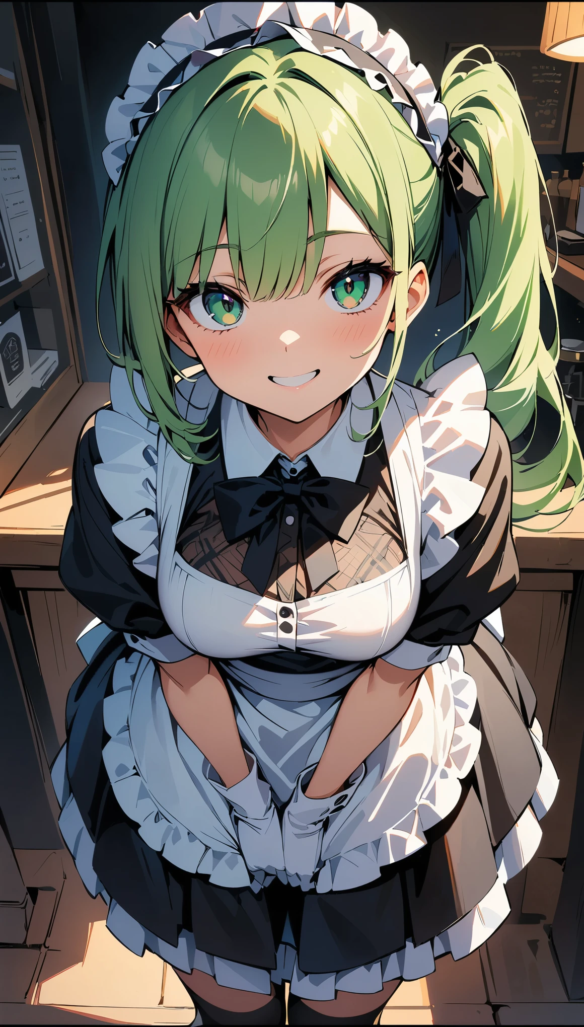 (high quality, 8k, 4K, High Contrast, masterpiece:1.2, 最high quality, Best aesthetics), Beauty, Maid, Very detailed, Seductive and erotic girl with lace headdress, smile, (green hair, Side Ponytail), Focus on the face, Focus on the face, Complex eyes, Black knee-high socks, coffee shop, Low angle shot, Viewer looking up,