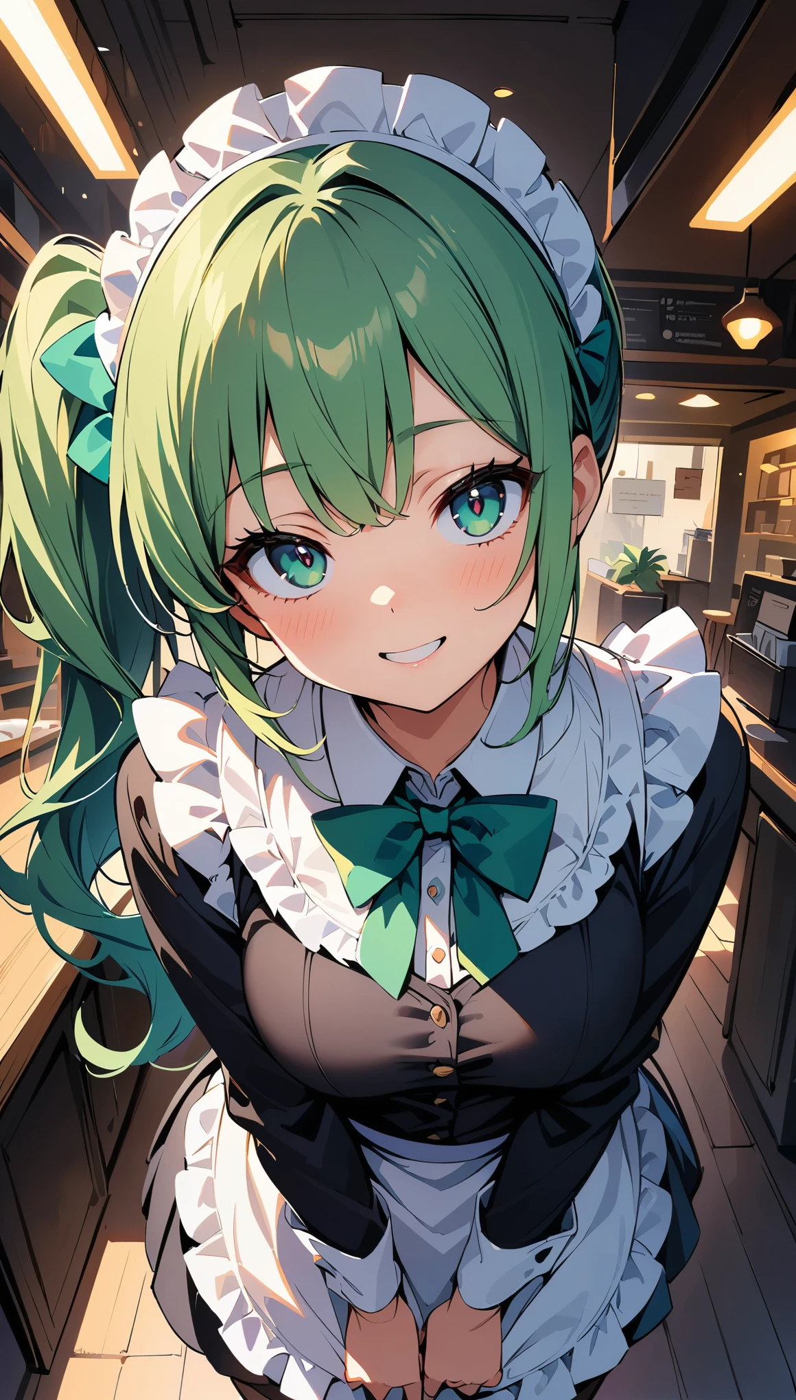 (high quality, 8k, 4K, High Contrast, masterpiece:1.2, 最high quality, Best aesthetics), Beauty, Maid, Very detailed, Seductive and erotic girl with lace headdress, smile, (green hair, Side Ponytail), Focus on the face, Focus on the face, Complex eyes, Black knee-high socks, coffee shop, Low angle shot, Viewer looking up,