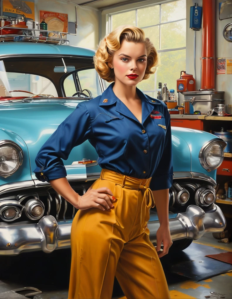 beautiful female mechanics wearing 1950s Car mechanic aprons and 1950s iconic short curly blonde hair, fixing a retro Chevy car, in an aesthetic 1950s garage, with an insanely detailed and intricate garage scene background, ultra sharp and crisp, photorealistic oil on canvas painting with vintage tools, masterpiece best high quality painting, trending on ArtStation