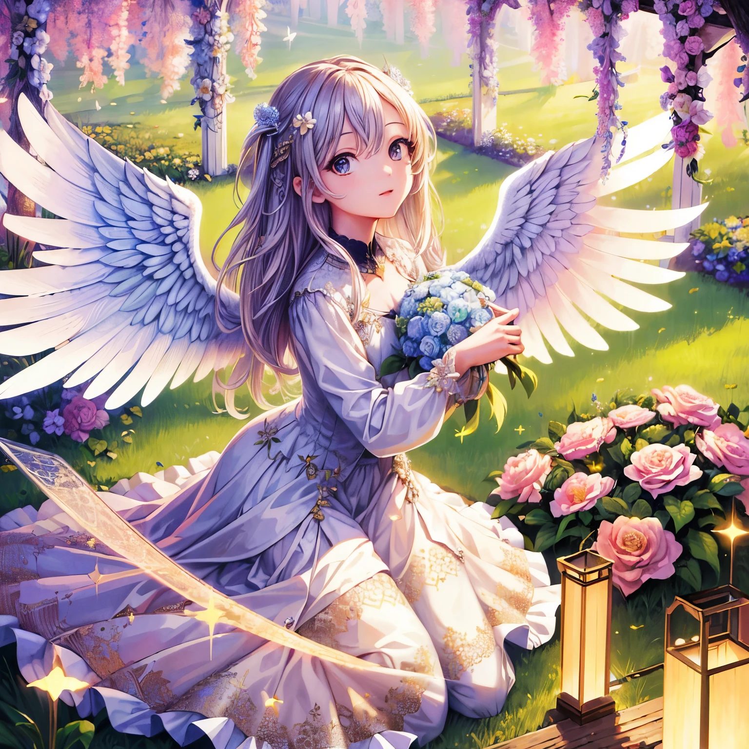 (masterpiece, highest quality, High resolution: 1.4), detailed, intricate detaileds, Beautiful girls, Angel big wings, Flower Hair Ornaments, Overhead glow, Light, garden, kind, Misha, glitter, bouquet, 4K, color splash, line art, art, Fibonacci,