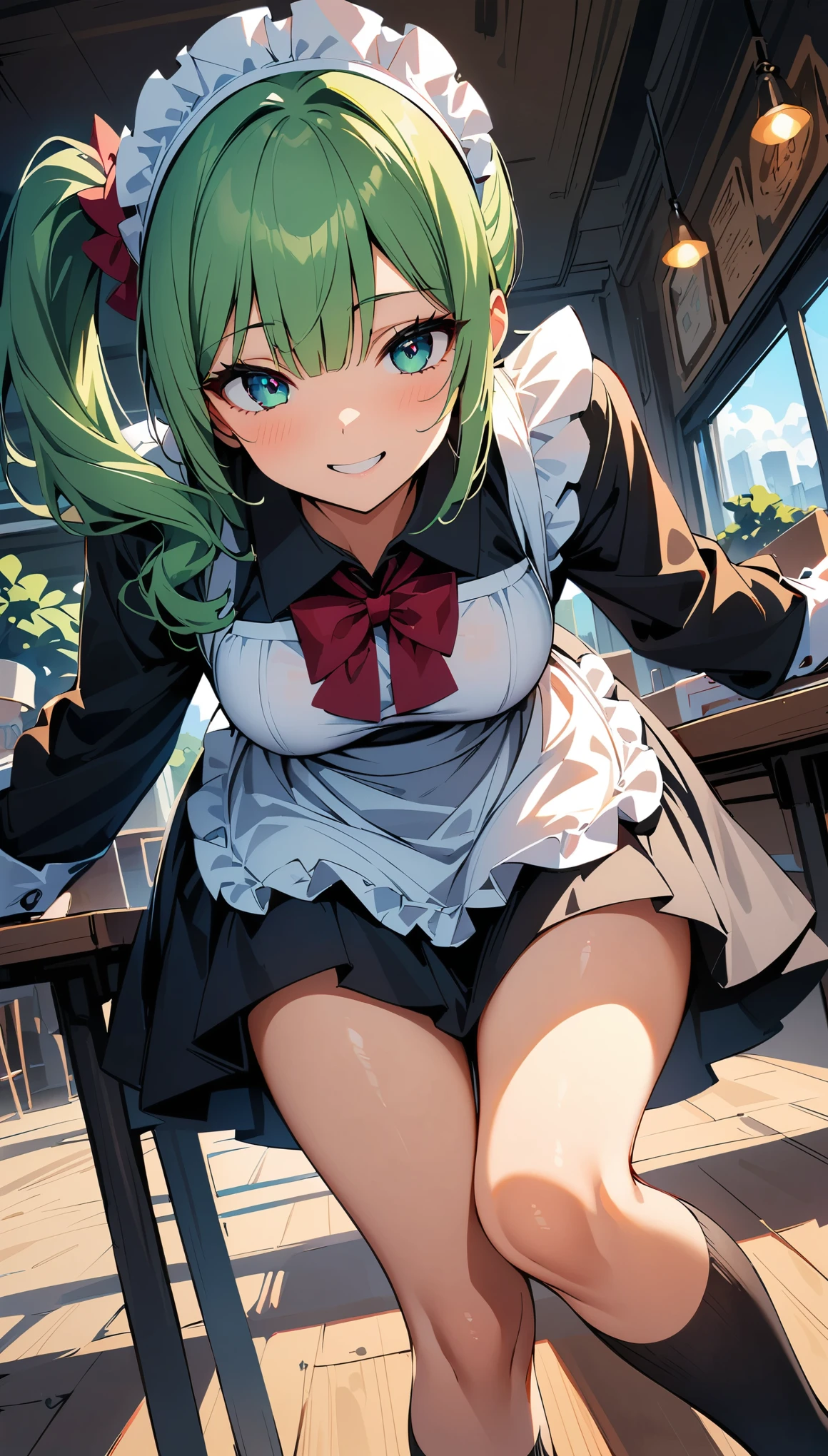 (high quality, 8k, 4K, High Contrast, masterpiece:1.2, 最high quality, Best aesthetics), Beauty, Maid, Very detailed, Seductive and erotic girl with lace headdress, smile, (green hair, Side Ponytail), Focus on the face, Focus on the face, Complex eyes, Black knee-high socks, coffee shop, Low angle shot, Dynamic Angle,