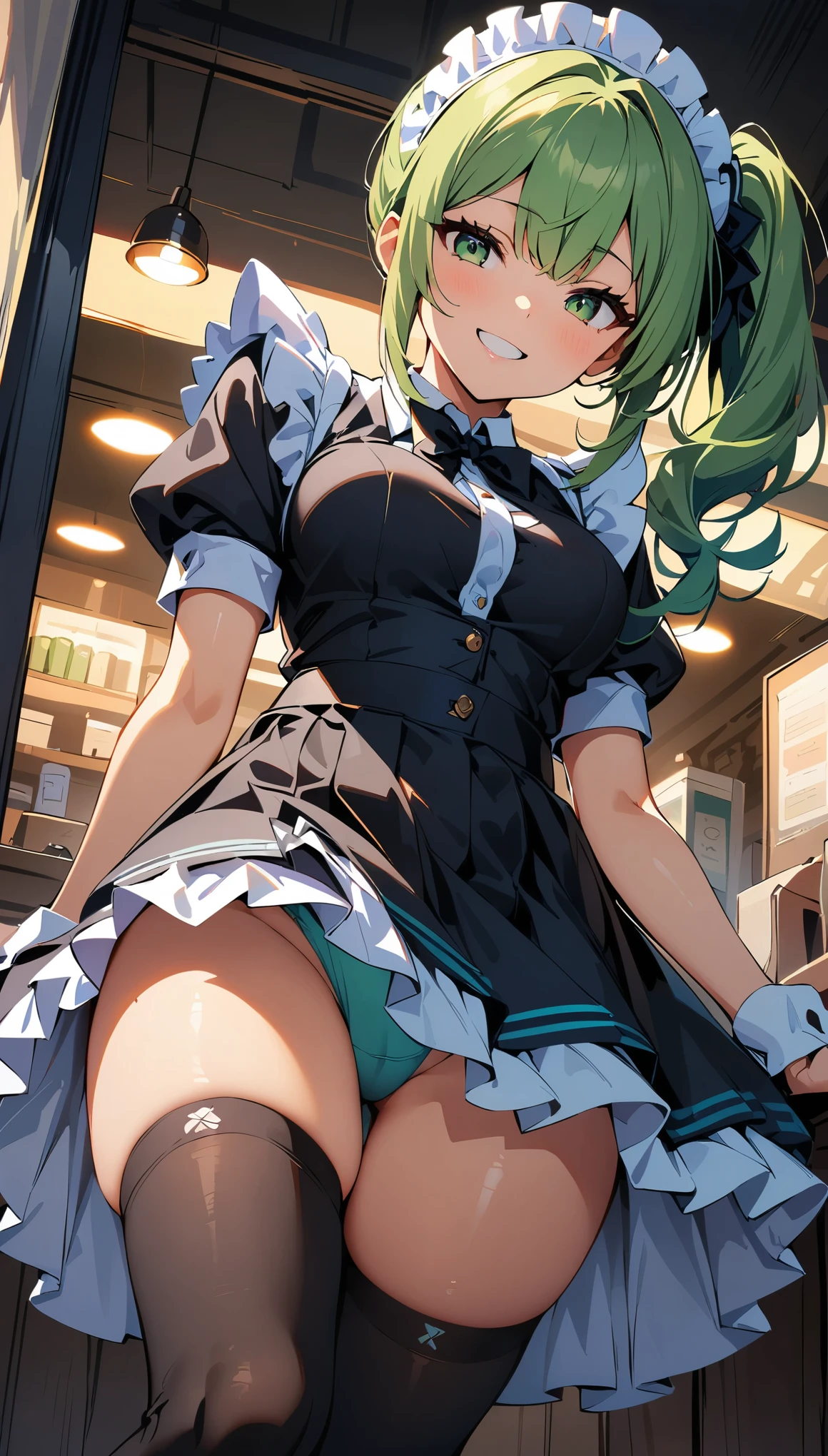 (high quality, 8k, 4K, High Contrast, masterpiece:1.2, 最high quality, Best aesthetics), Beauty, Maid, Very detailed, Seductive and erotic girl with lace headdress, smile, (green hair, Side Ponytail), Focus on the face, Focus on the face, Complex eyes, Black knee-high socks, coffee shop, Low angle shot, Dynamic Angle,