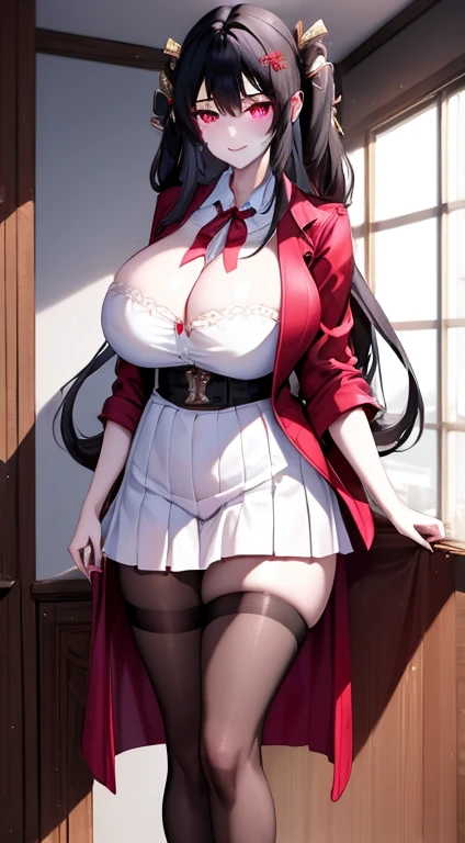 masterpiece, best quality, high resolution, hmjy1, Long hair, Bangs,Full body shape、Plump face、Large Breasts、Big Ass、 , Red Jacket, Black pantyhose, White shirt, black ribbon, Pleated Skirt, Long sleeve, Cowboy shooting, Glowing eyes, blush, Smile, sitting, classroom, Dark background, Cross your legs,