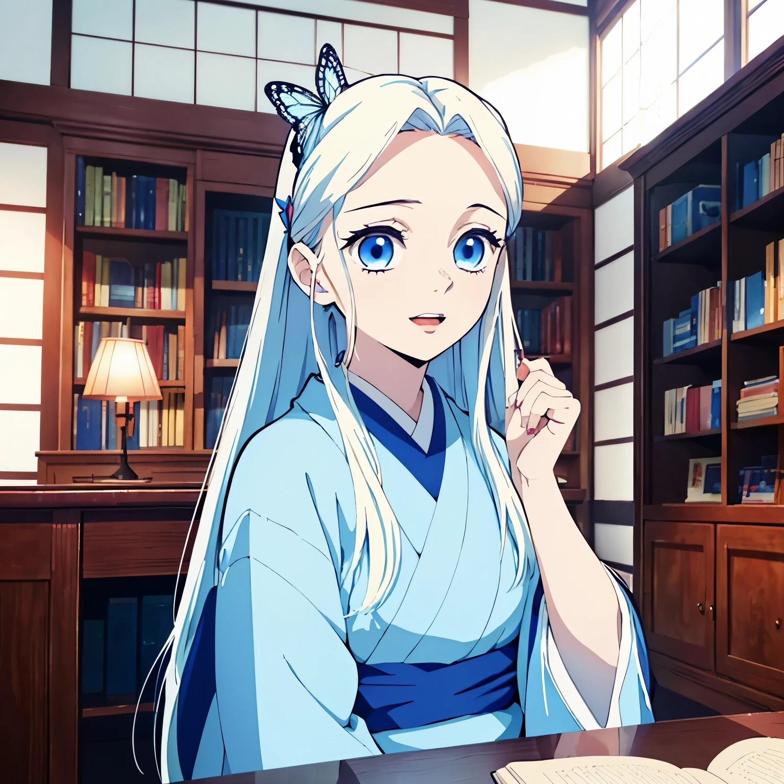 (1 girl with White long straight hair and blue eyes), kimono, smily eyes, room, face focus, (opened mouth), half-up, half-down hairstyle, one hair pin, one blue butterfly hair pin, japanese animation color style, vivid colors, from front, front view, study, books, bookshelf