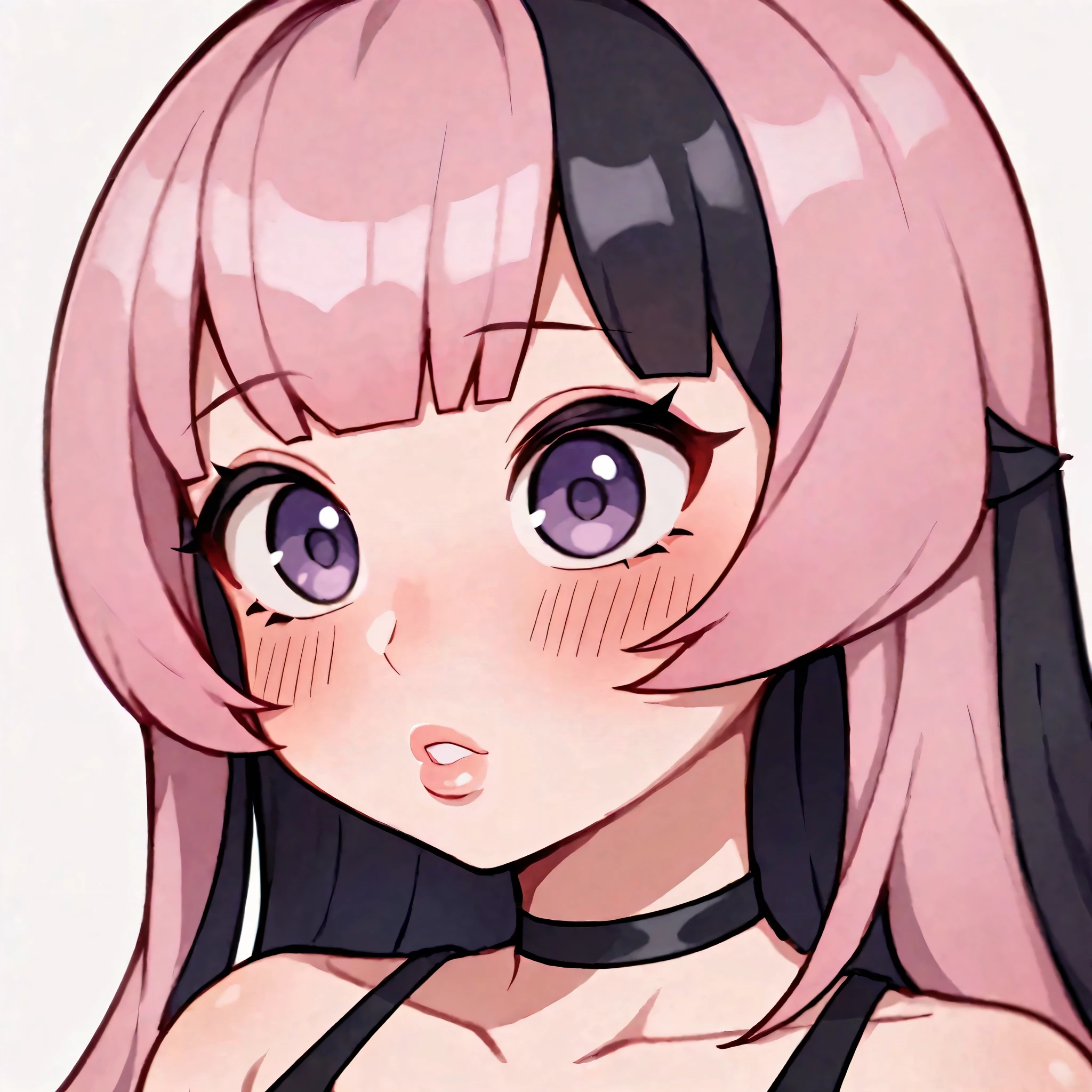 score_9, score_8_up, score_7_up, 1girl, (closeup), (((blush))), flustered, anime waifu, waifu, ((portrait)), illustration, ((2d)), ((curvy)), ((twitch emote)), (((cute face))), ((long hair)), bangs, black pink hair, ((black and pink hair)), ((black hair)), gorgeous purple eyes, big eyes, anime eyes, eyeliner, long lashes, soft and full lips, choker, jewelry, crop top, (Jelly Art Style:0.2), ((anime style:0.8)), (((white background))), twitch emote,