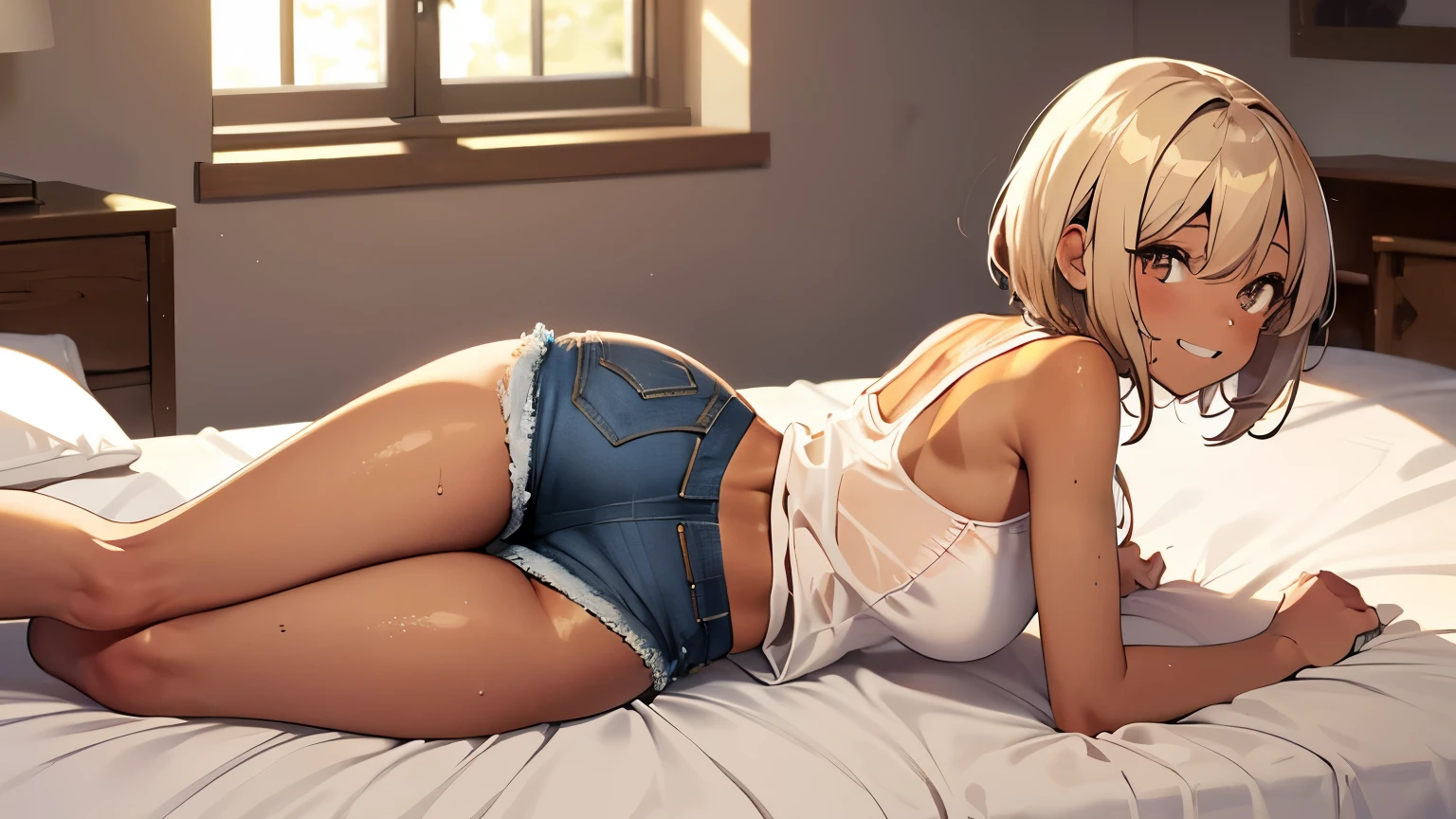highest quality、Elementary school student bra、Beige shorts、Cool look、Stretching your legs in your room、Armpit sweat、Grass、Ecstasy Face,(Glamorous figure), (girl1name), (Highly detailed face, smile) ,, (日本のgirl), Slightly round face, (Tan brown face:1.6), cute, Big eyes、2D,highest quality,(masterpiece),(((The whole body is reflected))),(((Full Body))),extra short hair,((light bronze hair)),healthy dark skin,((Black denim shorts)),Light pink wrestler tank top,Shiny bare legs,barefoot,beautiful brown eyes,Attractive thigheaty ass,Sloppy body shape,Bedroom,Get drunk,Upward glance,cheeks are bright red,あざでcute,Sexy as hell,Erotic look,Large drops of sweat all over the body,Steamy,sleep with your legs stretched out、My Room、(Lie flat on the bed.),Side view angle,An angle that emphasizes the buttocks