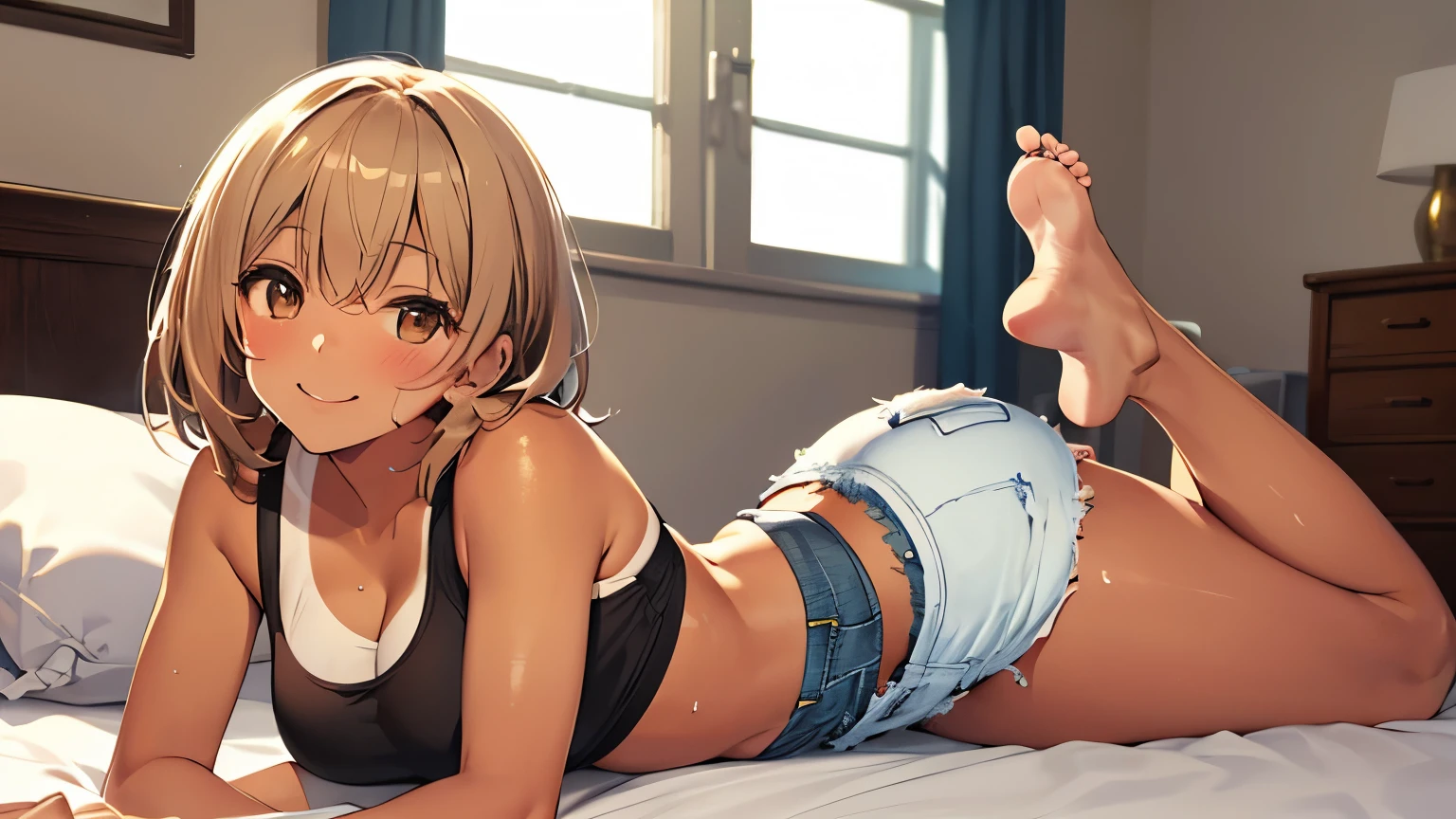 highest quality、 bra、Beige shorts、Cool look、Stretching your legs in your room、Armpit sweat、Grass、Ecstasy Face,(Glamorous figure)， (girl１name)， (Highly detailed face, smile) ,, (日本のgirl), Slightly round face, (Tan brown face:1.6), cute, Big eyes、2D，highest quality，(masterpiece)，(((The whole body is reflected)))，(((Full Body)))，extra short hair，((light bronze hair))，healthy dark skin，((Black denim shorts))，Light pink wrestler tank top，Shiny bare legs，barefoot，beautiful brown eyes，Attractive thigheaty ass，Sloppy body shape，Bedroom，Get drunk，Upward glance，cheeks are bright red，あざでcute，Sexy as hell，Erotic look，Large drops of sweat all over the body，Steamy，sleep with your legs stretched out、My Room、（Lie flat on the bed.），Side view angle，An angle that emphasizes the buttocks