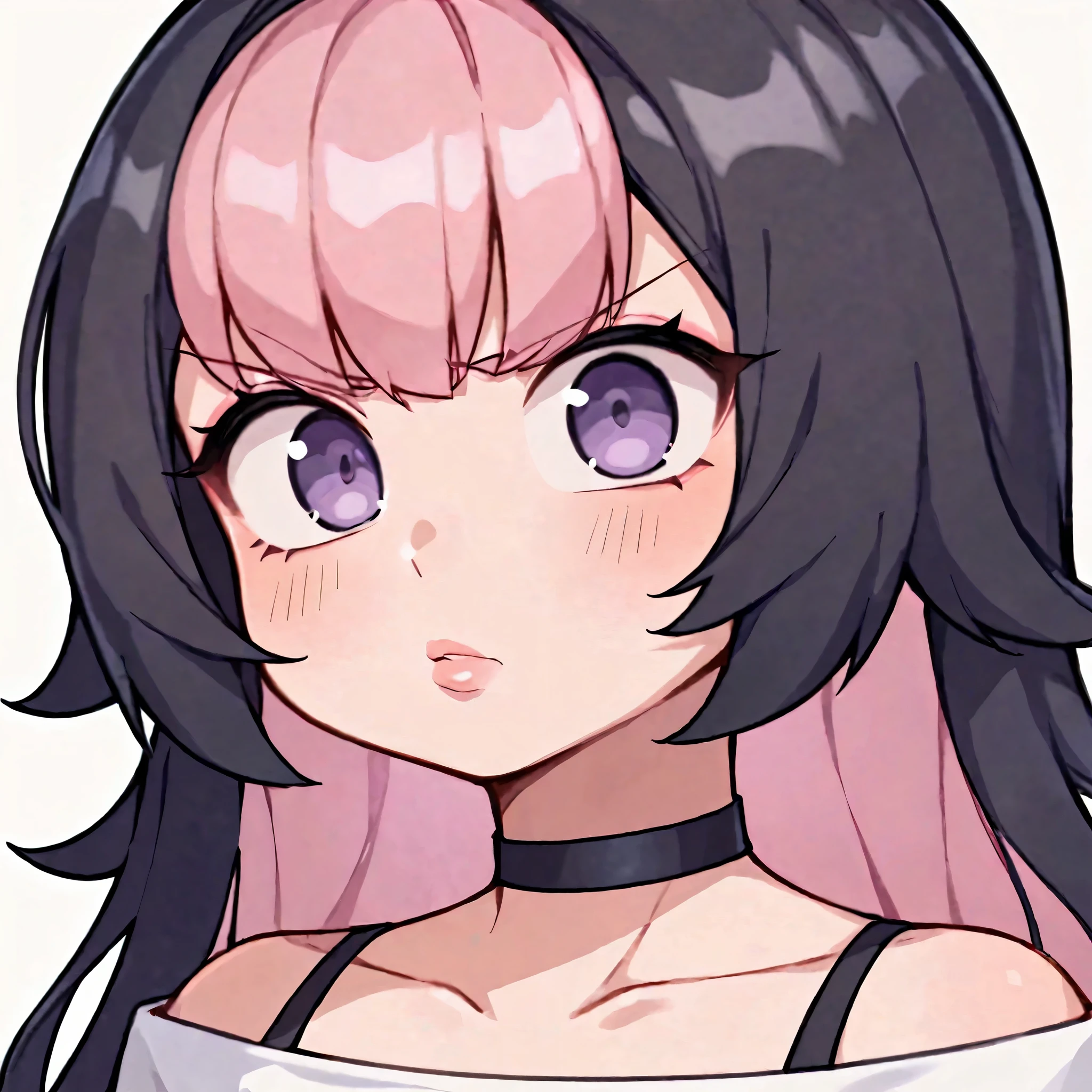 score_9, score_8_up, score_7_up, 1girl, (closeup), ((side eye)), ((annoyed)), anime waifu, waifu, ((portrait)), illustration, ((2d)), ((curvy)), ((twitch emote)), (((cute face))), ((long hair)), bangs, black pink hair, ((black and pink hair)), ((black hair)), gorgeous purple eyes, big eyes, anime eyes, eyeliner, long lashes, soft and full lips, choker, jewelry, crop top, (Jelly Art Style:0.2), ((anime style:0.8)), (((white background))), twitch emote,