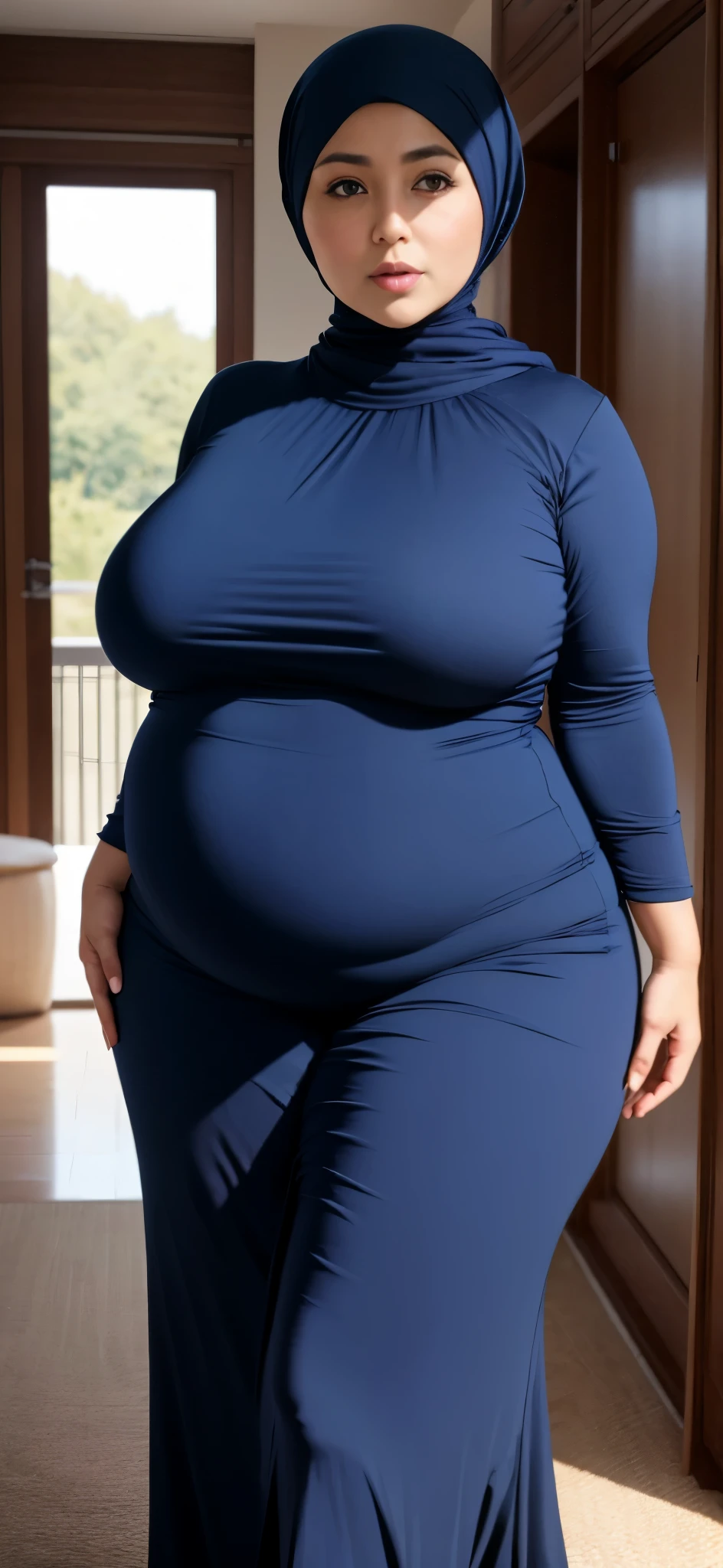 Chubby woman with fat belly and tight thighs, full body, 50-year-old mature woman, thick hips, thick neck, thick chest, big eyes, , wearing a hijab, hijabi woman, naked, nude