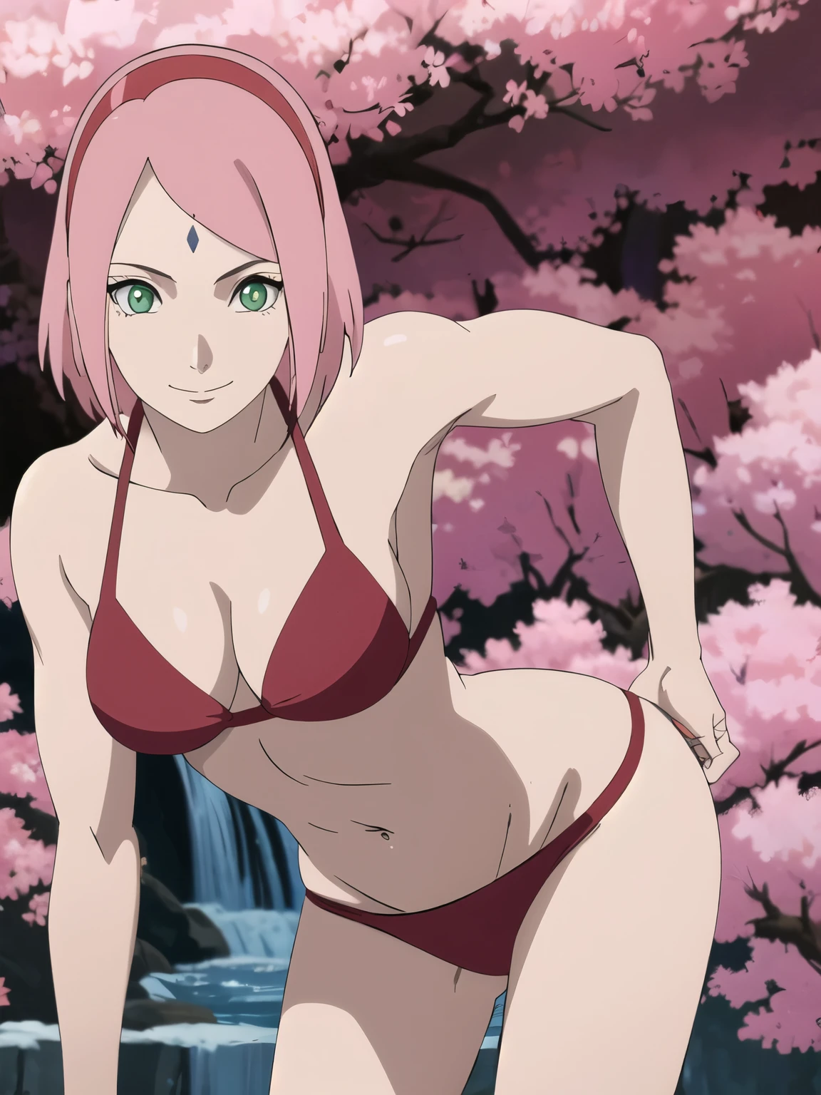 anime style, solo, 1 woman, close view, super ultra details, bold drawing lines, very high resolution, perfect anatomy, ultra detailed face, high vibrance, (blue light), ((cold colors)), 1girl, haruno sakura, (slim body, thin belly , off-shoulders, biceps, leaning forward, pale skin, forehead mark), ((red bikini, red hair band)), looking at viewer, (cherry blossom), floating hair, big smile, cowboy shot, (reddish pink hair, short hair), spring time, attractive colors