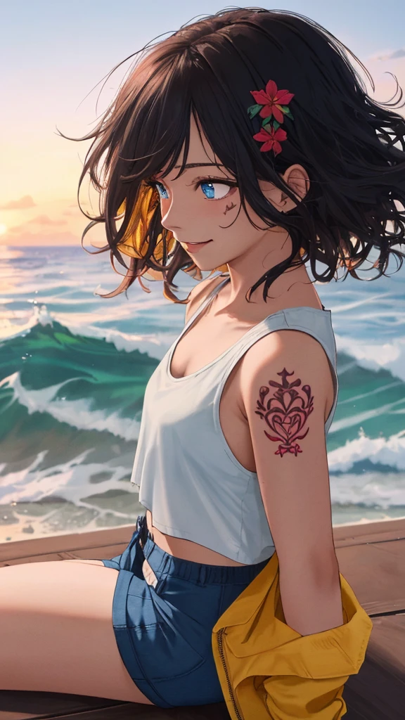 (masterpiece, best quality, ultra detailed, ultra high resolusion, highres,8k:1.4), BREAK,20_years_old, 1giri sitting-on-the-the edge-of-the-waves,smile, beach, (looking away:1.7), (dark_skin:1.2),(tribal_tatoo:1.2),(wavy hairs),(messy hair),(asymmetry bangs),(multicolored hair),
Tsurime Eyes, (((blue eyes))),
((flower hair ornament)),(shortpants,tanktop:1.4), sunset, from side,