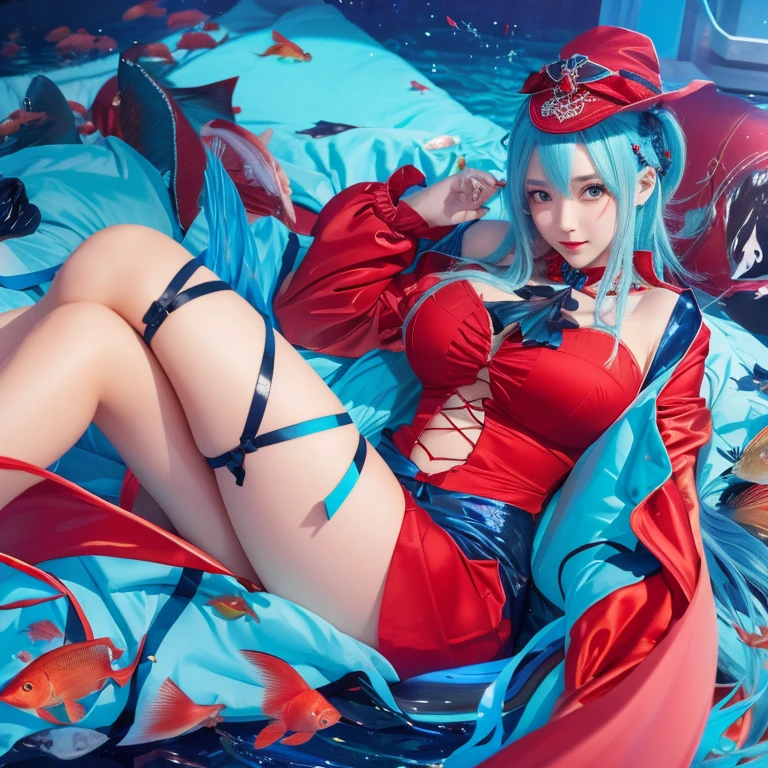 girl in red dress laying on a bed with a fish, vermillion and cyan, wallpaper blue water, red and cyan, red and cyan theme, nightcore, anime style 4 k, high definition art, pixiv, top rated on pixiv, art wallpaper 4 k, seductive girl, art wallpaper 4k