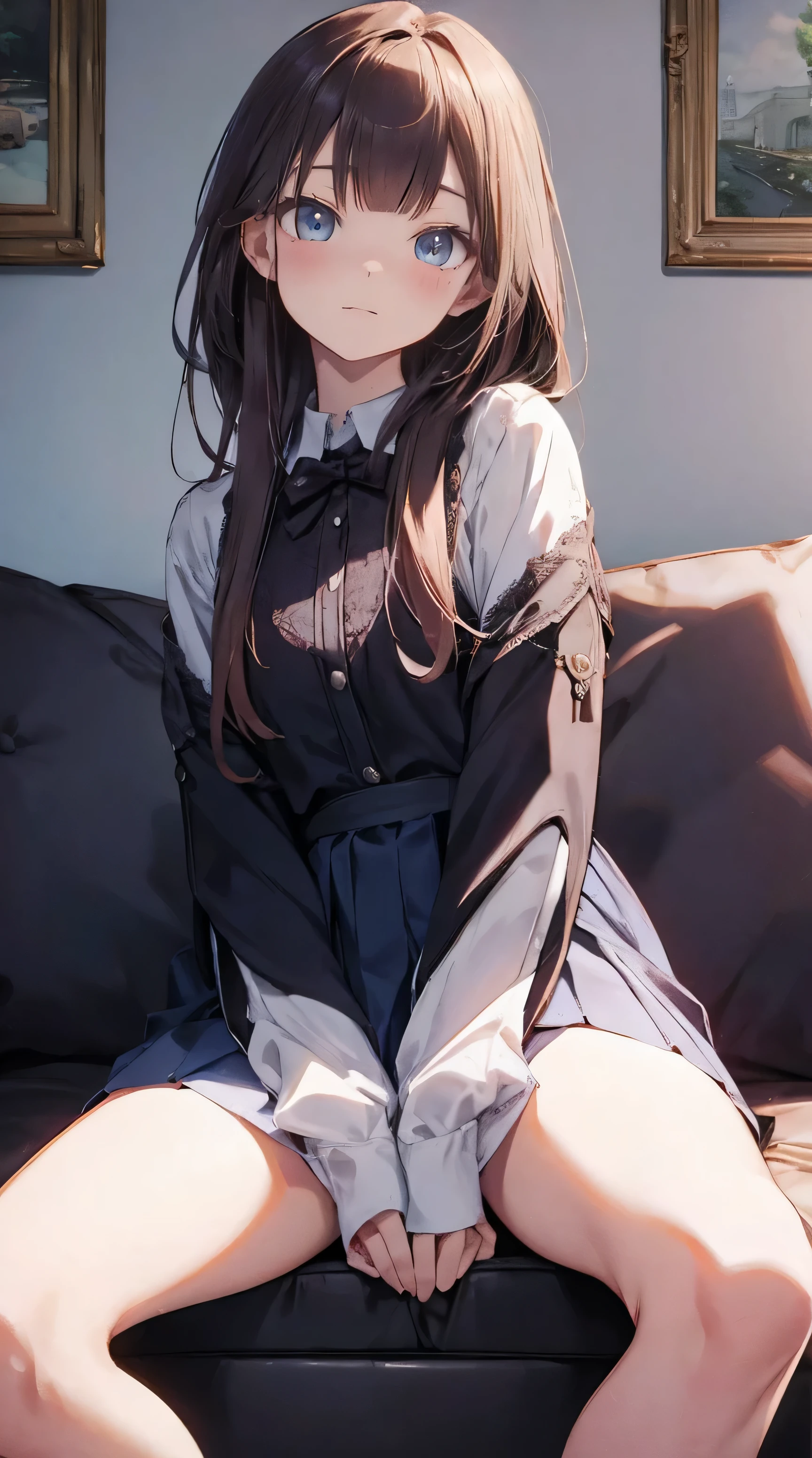 flat-colors、depth of fields、lens flare 1 girl、、Brown hair、watching at viewers　　　black suspenders　　　Bulging big breasts　　 　 　　　walls: 　Black miniskirt　garters　　　　　　Gaze　　　Small face　bangss 　　　　　a belt 　Beautuful Women　hands up　Lying in bed　 　　sideways eyes