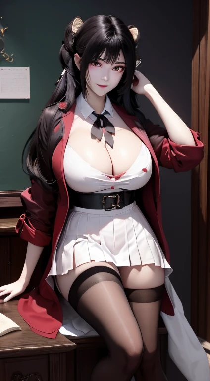 masterpiece, best quality, high resolution, hmjy1, Long hair, Bangs,Full body shape、Plump face、Large Breasts、Big Ass、 , Red Jacket, Black pantyhose, White shirt, black ribbon, Pleated Skirt, Long sleeve, Cowboy shooting, Glowing eyes, blush, Smile, sitting, classroom, Dark background, Cross your legs,