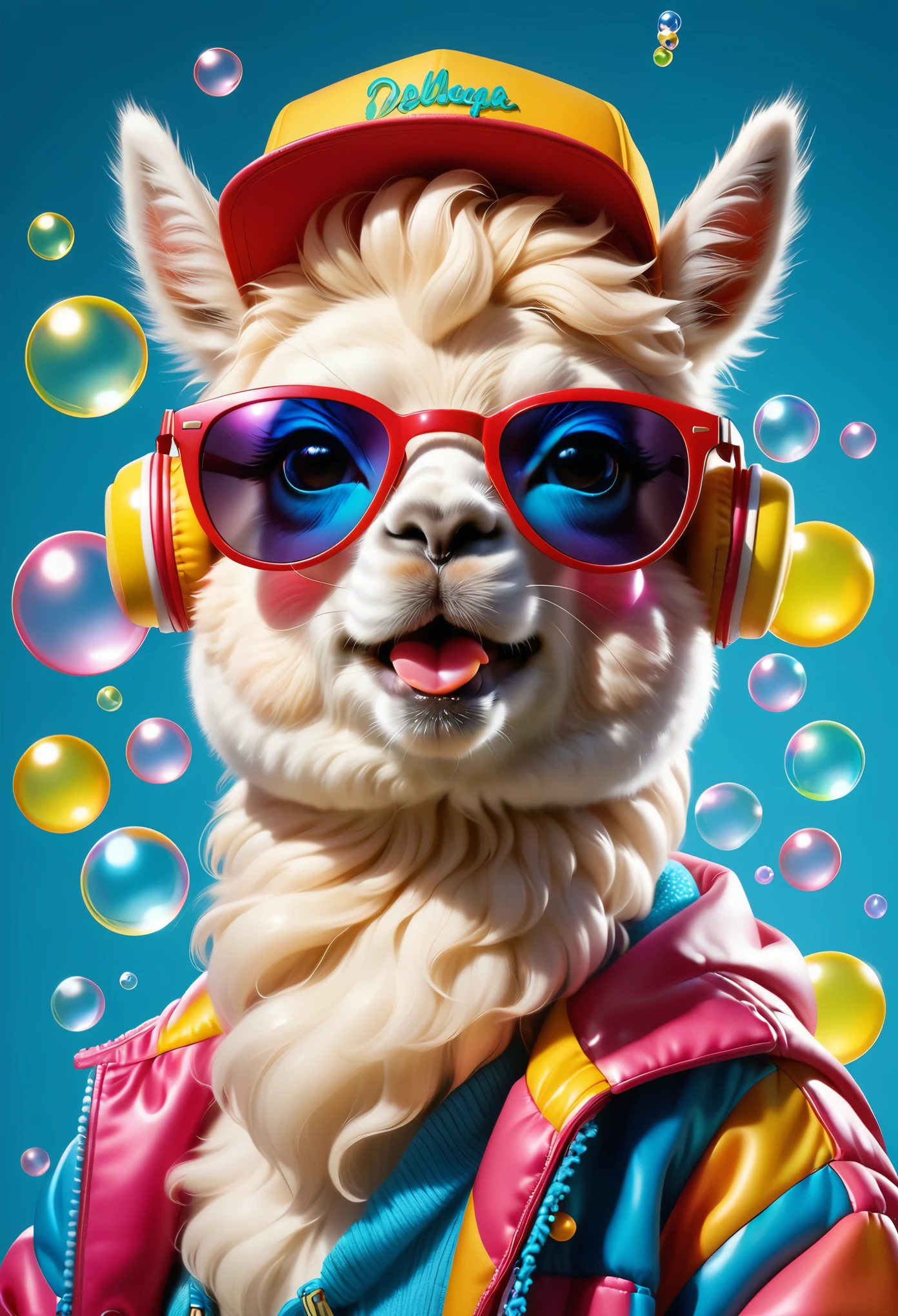 1. Alpaca，Stylish outfit，Hip-hop style，Cool，wearing sunglasses，Stick out your tongue，blowing bubbles，Dream bubbles，Rich colors