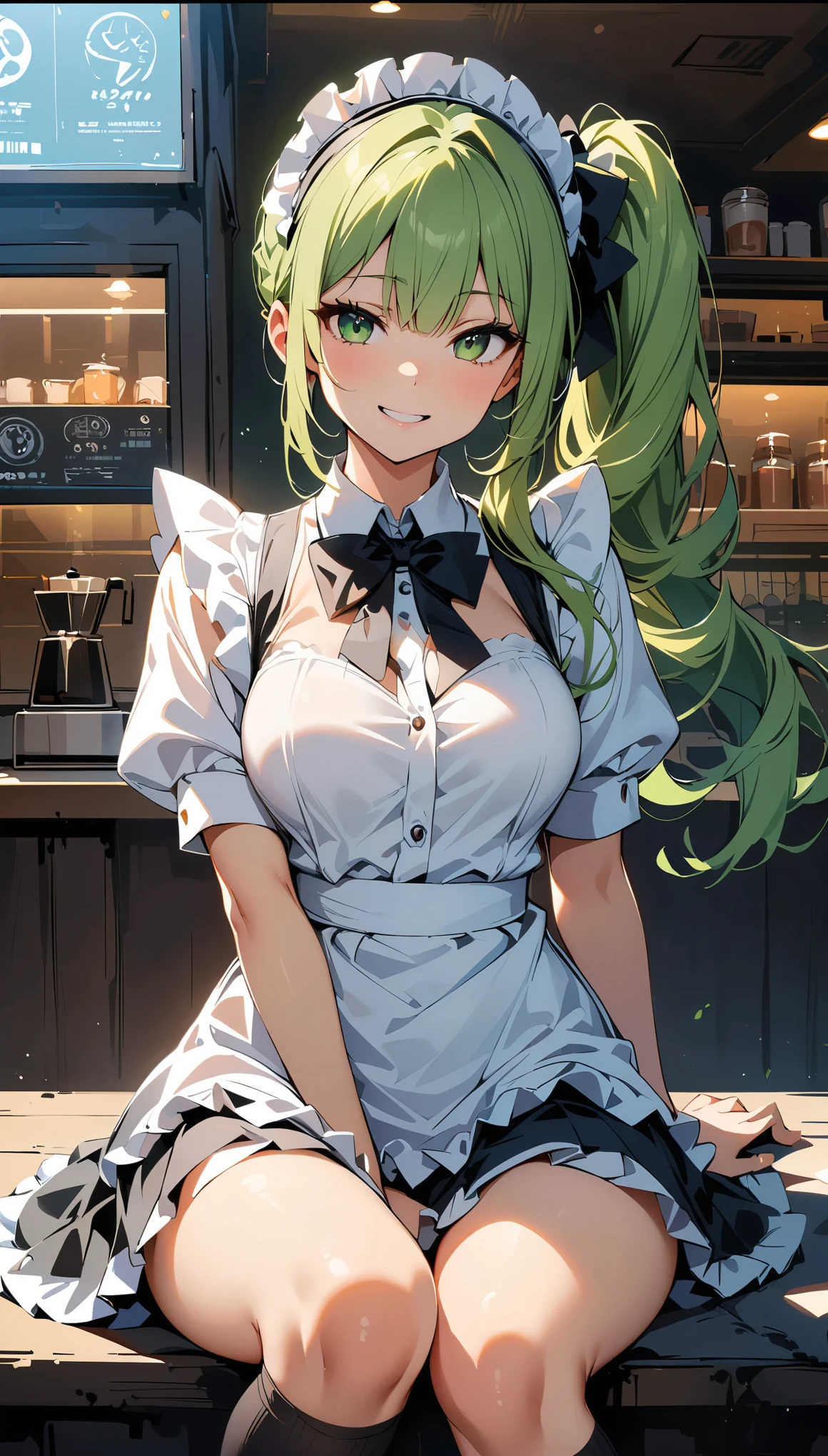 (high quality, 8k, 4K, High Contrast, masterpiece:1.2, 最high quality, Best aesthetics), Beauty, Maid, Very detailed, Seductive and erotic girl with lace headdress, smile, (green hair, Side Ponytail), Focus on the face, Focus on the face, Complex eyes, Black knee-high socks, coffee shop, Sitting, Dynamic Angle,