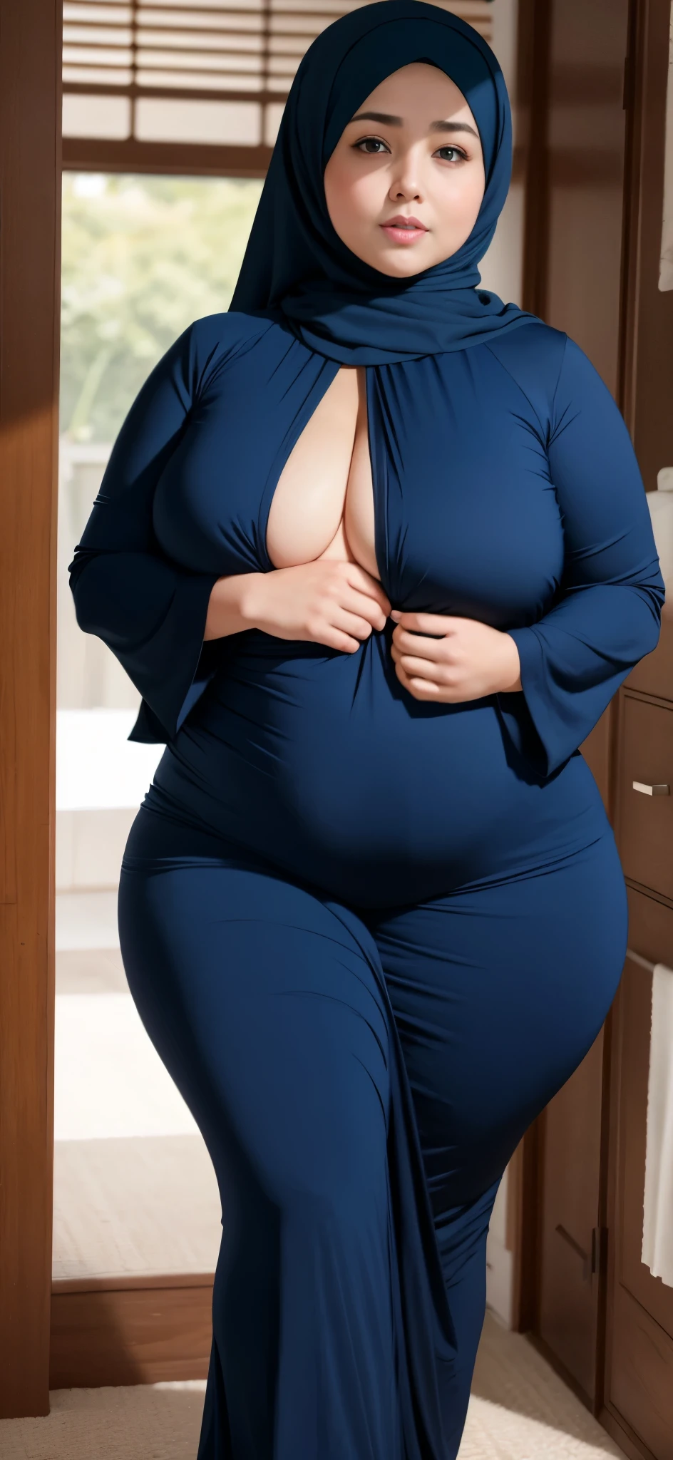 Chubby woman with fat belly and tight thighs, full body, 50-year-old mature woman, thick hips, thick neck, thick chest, big eyes, , wearing a hijab, hijabi woman, naked, nude