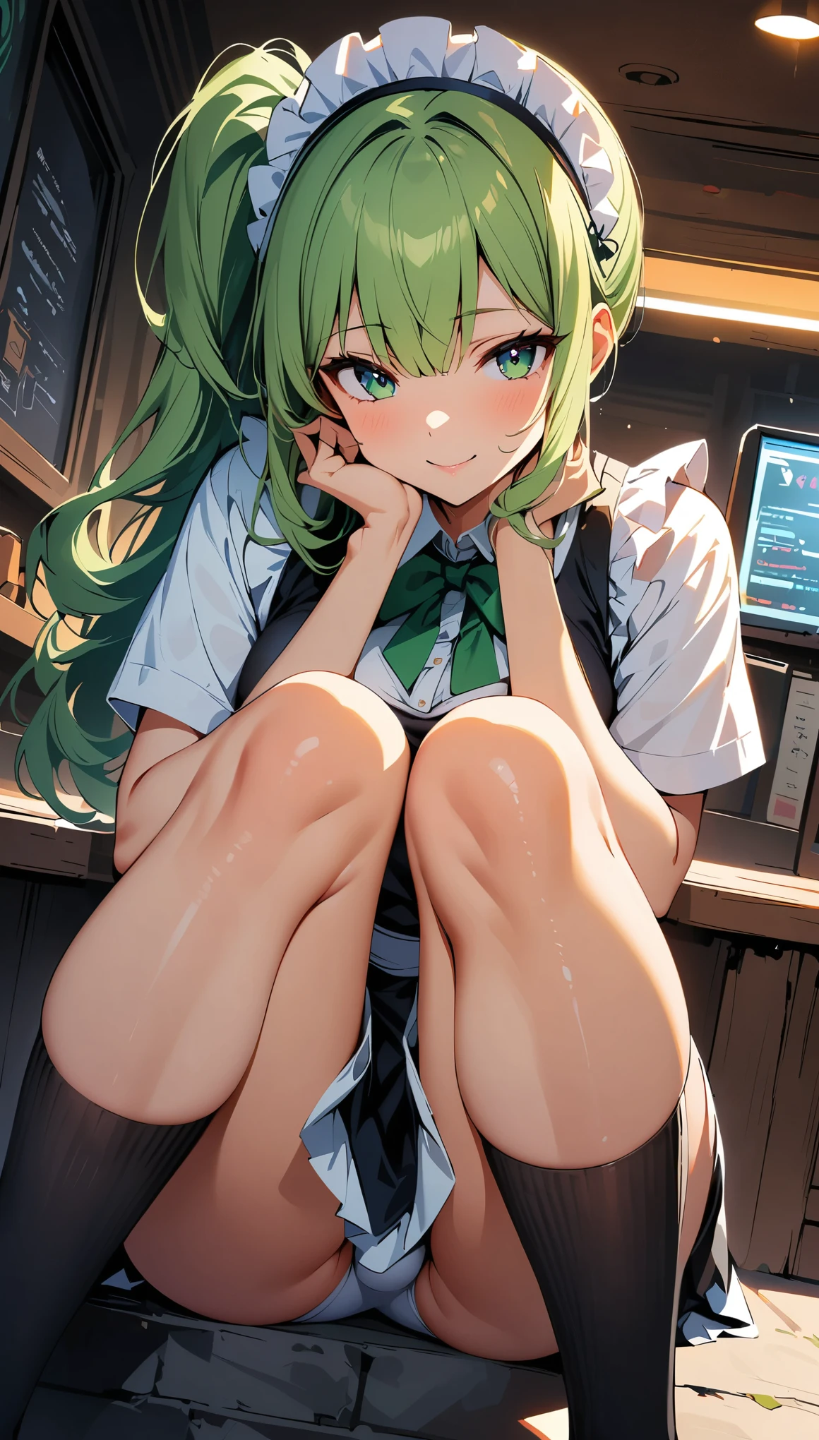 (high quality, 8k, 4K, High Contrast, masterpiece:1.2, 最high quality, Best aesthetics), Beauty, Maid, Very detailed, Seductive and erotic girl with lace headdress, smile, (green hair, Side Ponytail), Focus on the face, Focus on the face, Complex eyes, Black knee-high socks, coffee shop, Sitting, Dynamic Angle,