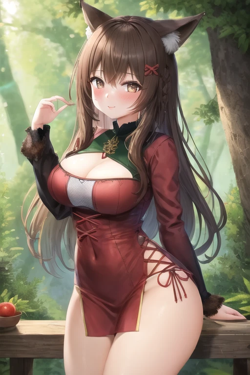 masterpiece, best quality, 1girl, forest, brown hair, long hair, fox ears, brown eyes, cute, blushing, (medieval villager clothes:1.2), (slim waist, curvy:1.1)
