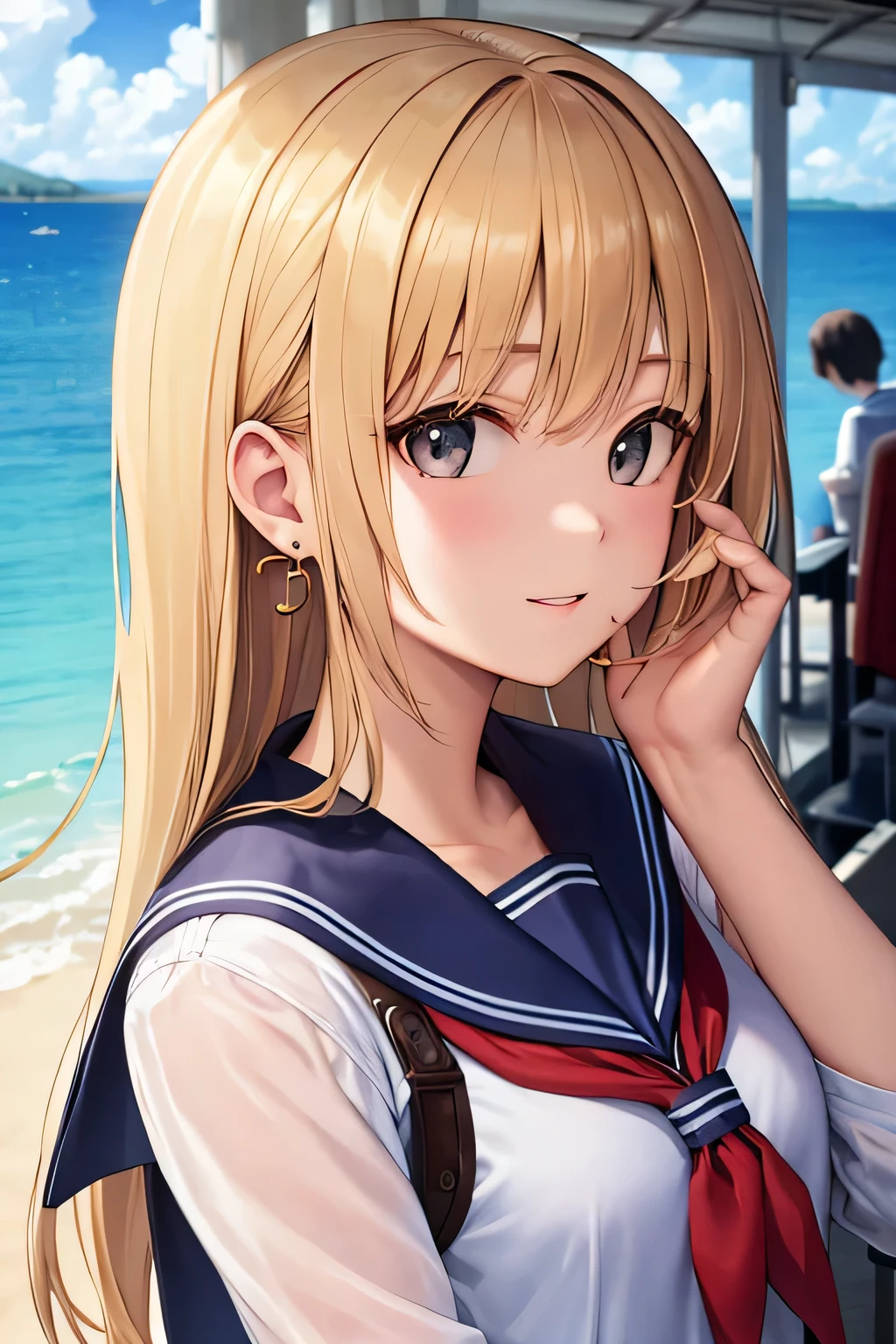 ((highest quality)), ((masterpiece)), (detailed), Perfect Face、Secret Talk、movie theatre、blonde、smooth hair、Earrings、Sailor suit、summer