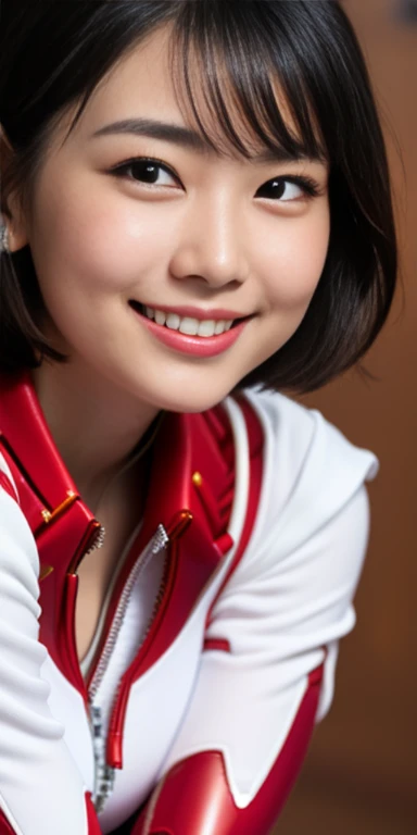 (8K、Raw photography、highest quality、masterpiece:1.2),(black haired、very short hair:1.8),(ponytail:1.4)、show viewer,Looking at the front,erotic,white skin,(Wearing a red plug suit:1.9)、()、(Clothing that emphasizes the shape of your chest、publish one'skin:1.5)、(big breasts :1.4)、slim body shape、ultra high resolution,beautiful,beautiful fece,(one person、no background:1.9),whole bodyボディー,japanese woman,(Photoreal:1.37)、photon mapping,reality、(Baby-faced and cute: 1.0)、(cute smile: 1.7)、(With a round face: 1.7)、radio city、Physically based rendering、depth of field rally background、photograph, (I can see your knees、High leg、close up of thighs:1.5),whole body、super fine