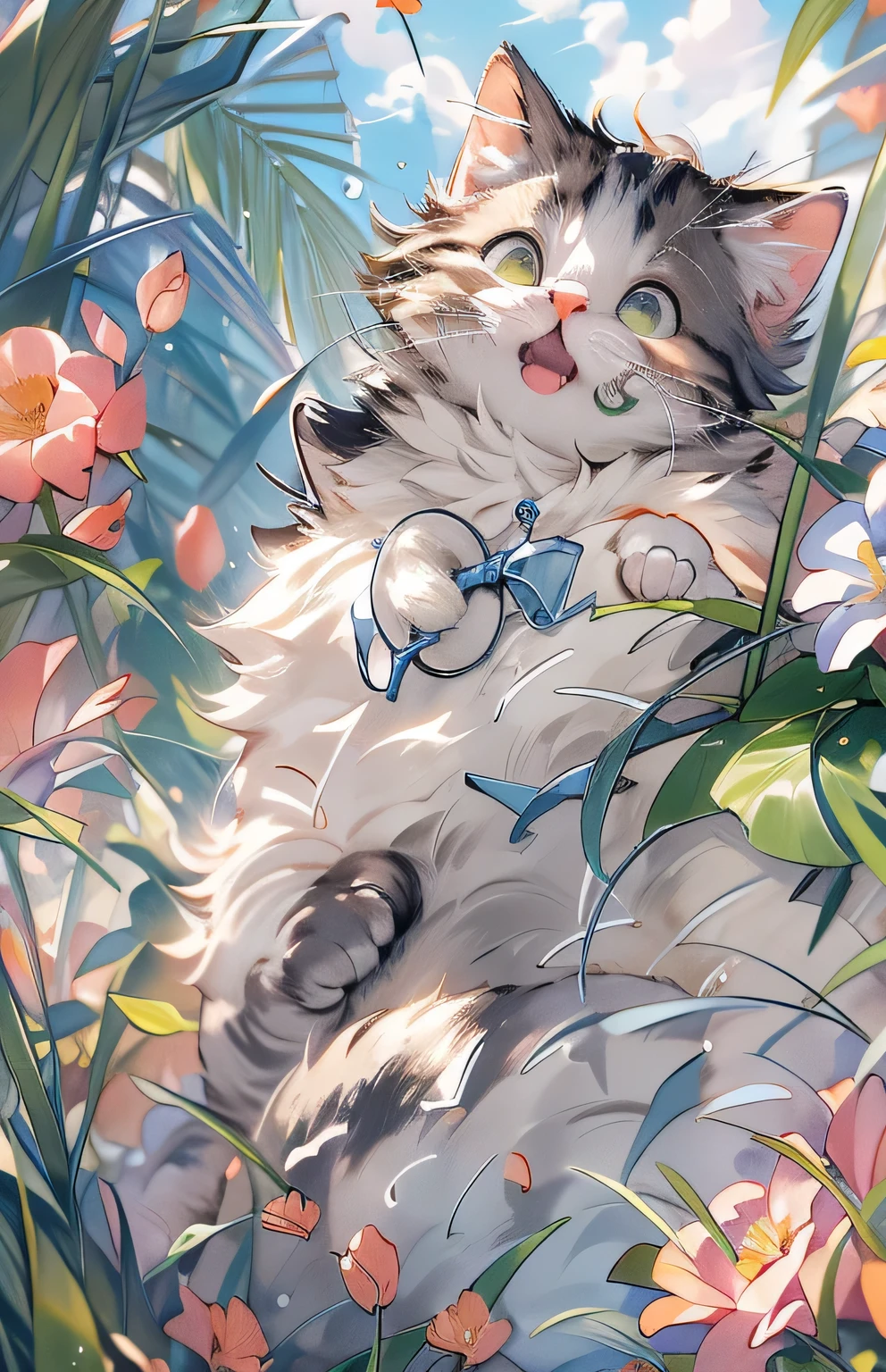 ((highest quality)), ((masterpiece)), (Get used to it), Cat , Lots of flowers in the background ,