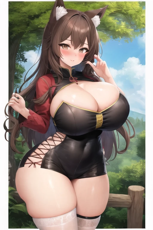 masterpiece, best quality, 1girl, forest, brown hair, long hair, fox ears, brown eyes, cute, blushing, (medieval villager clothes:1.2), (slim waist, curvy, , thick thighs:1.1)
