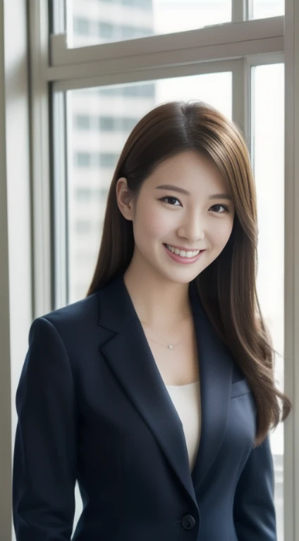 The face of a hostess、Dressed in a navy blue business suit、Skirt、high quality、Surreal、healthy、smiling expression、Slim and perfect figure、Japanese beauty、Long Hair、Beautiful Eyes、Perfect Face、Beautiful Skin、From the back、Close-up of face、Background is an office on a high floor、next to the window