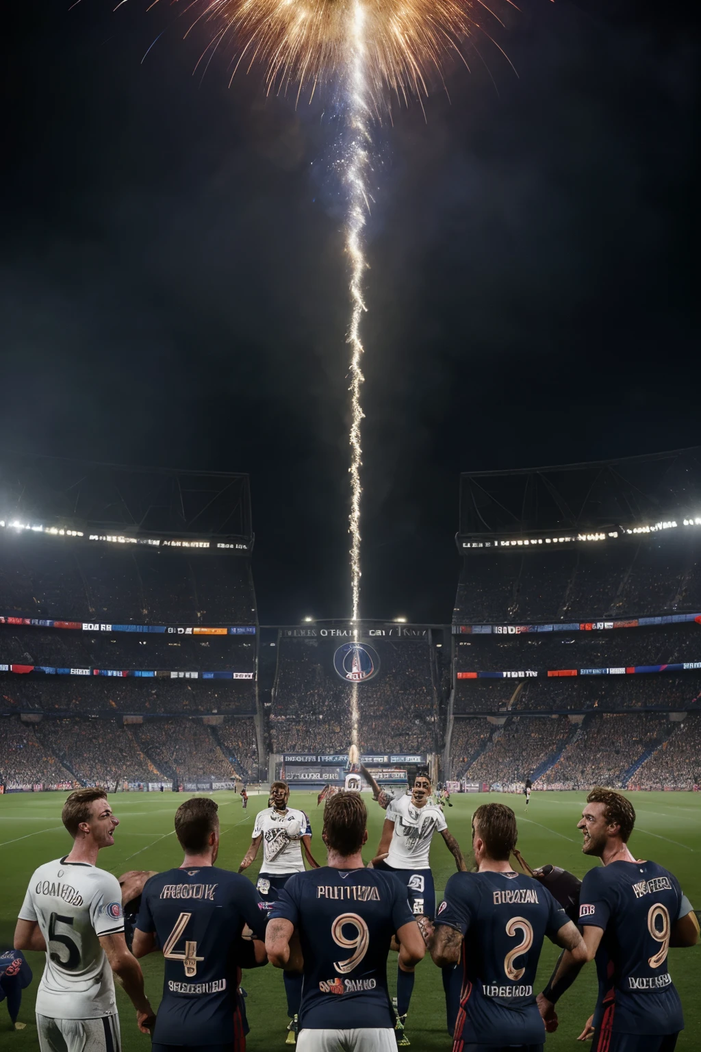 (Best quality, Ultra high-definition, masterpiece: 1.1), Epic photo, Paris Saint German team, jubilant celebration, victorious players, winning against Barcelona at home ground, shallow depth of field, intricately captured details, high budget production, masterpiece image, professional photographs, dynamic and energetic mood, vibrant colors, crowded stadium background, ecstatic expressions, sweat-drenched faces, intense focus on players' reactions, exceptional detail in team jerseys and logos, dizzying heights of victory, triumphant emotions, phenomenal victory, moment of glory, dramatic composition. (Paris Saint-Germain Football Club, Champagne moment, triumphant