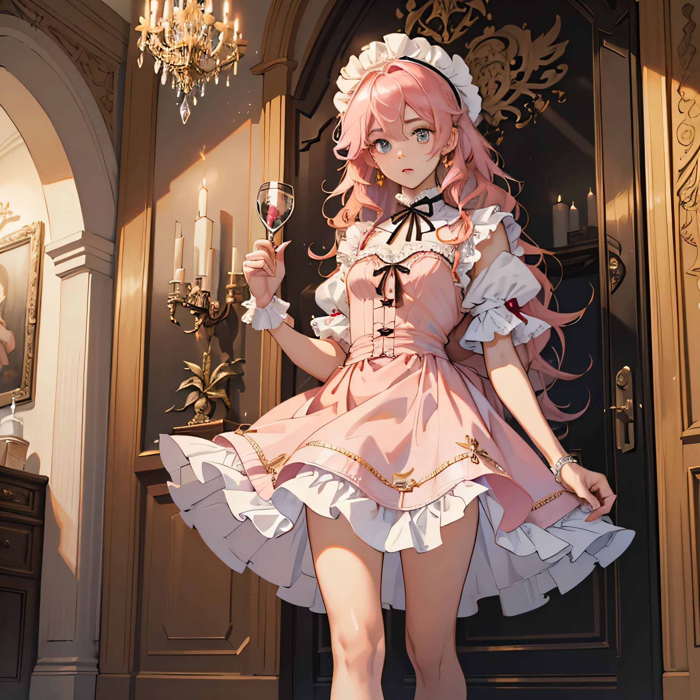 (masterpiece, Best quality, masterpiece,Best quality,official art, 8K wallpapers), girl,Chiquita,with long hair in takes, Pink hair, Wavy hair, ,(Dynamic colored Lolita costume), bare legs, skirt lift,European Restaurant,Candlestick,wall,utensil, (Skin with the highest level of detail: 1,2), (The highest level of detail on the dial:1.2), front lighting, night, warm white light, looks at the camera, brown short hair