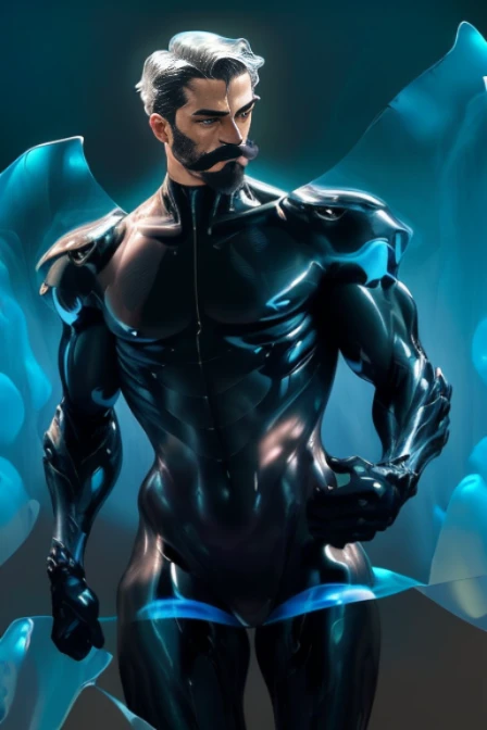 1man with mustache,artistic painting of a man, clad in a ((translucent black bodysuit:1.2)), full body, concept art, smooth, sharp focus, intricate details, dynamic pose, dynamic angle, ((surrealism)), ((romanticism)), (illustration), (large-muscles), (large pectorals), black armor, mecha, mecha suit