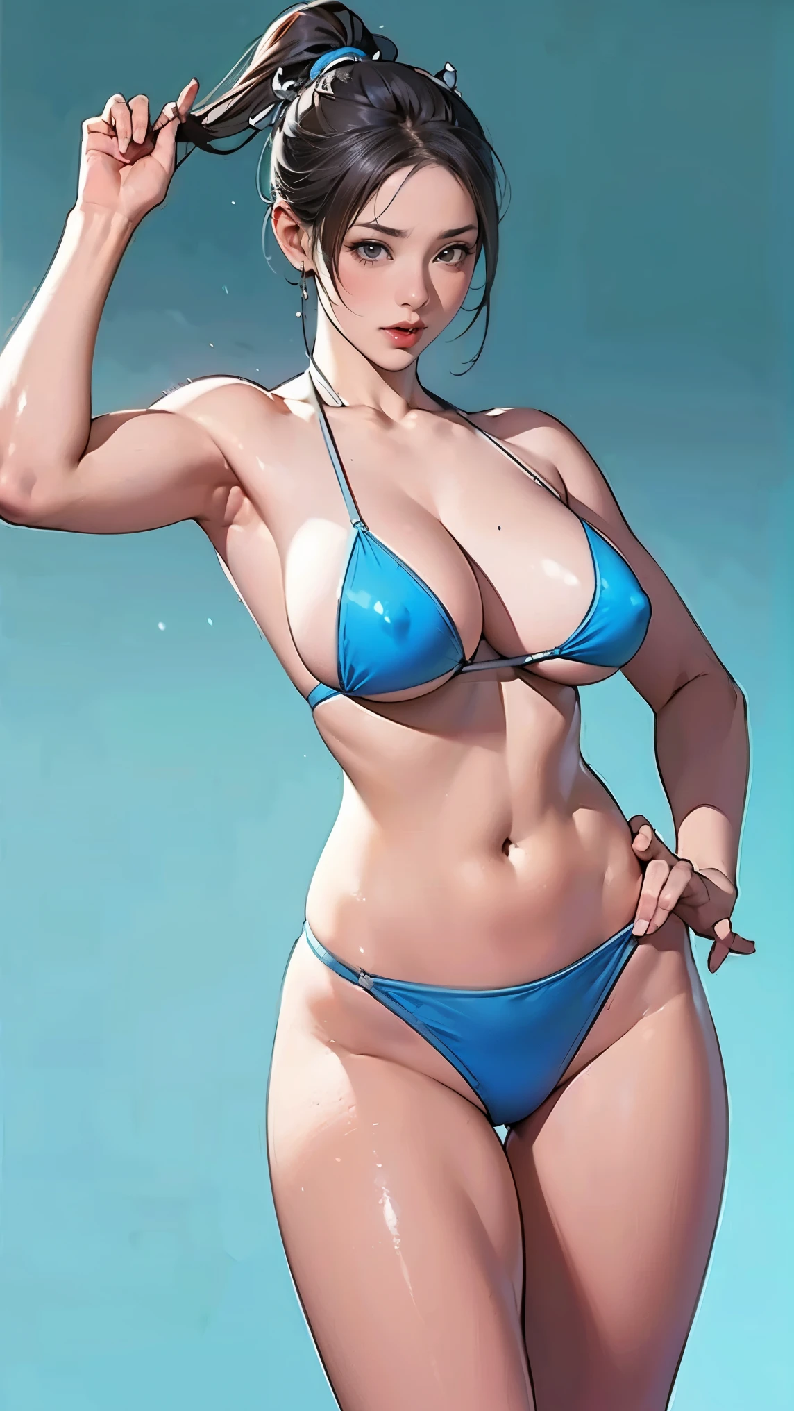nsfw,((最high quality, 8K, masterpiece: 1.3, Ultra HD, high quality, 最high quality, High resolution, realism)) 、(High saturation:1.0), (Highly detailed skin), (最high quality:1.0), (超High resolution:1.0) ,(Realistic:1.0), (Very detailed:1.0), (8K, Raw photo:1.1), Sturdy、Muscular body'Toned like an athlete's、Street Fighter Chun-Li、Pastel blue background、I want to see up to my knees、blue micro bikini、(Huge Breasts:1.5)、Kenpo stance、Fighting Pose